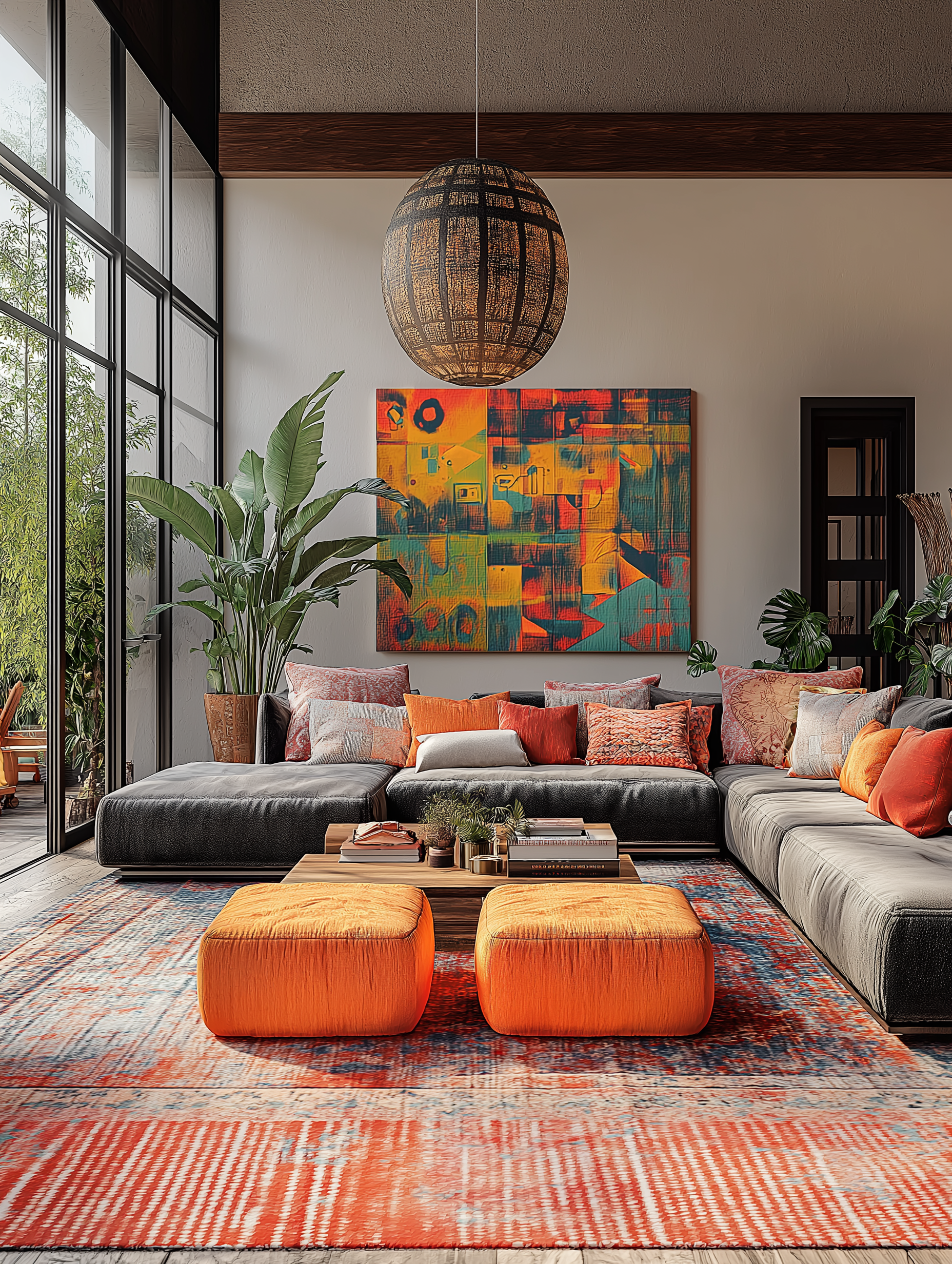A color rich, cozy, modern bohemian living room design.