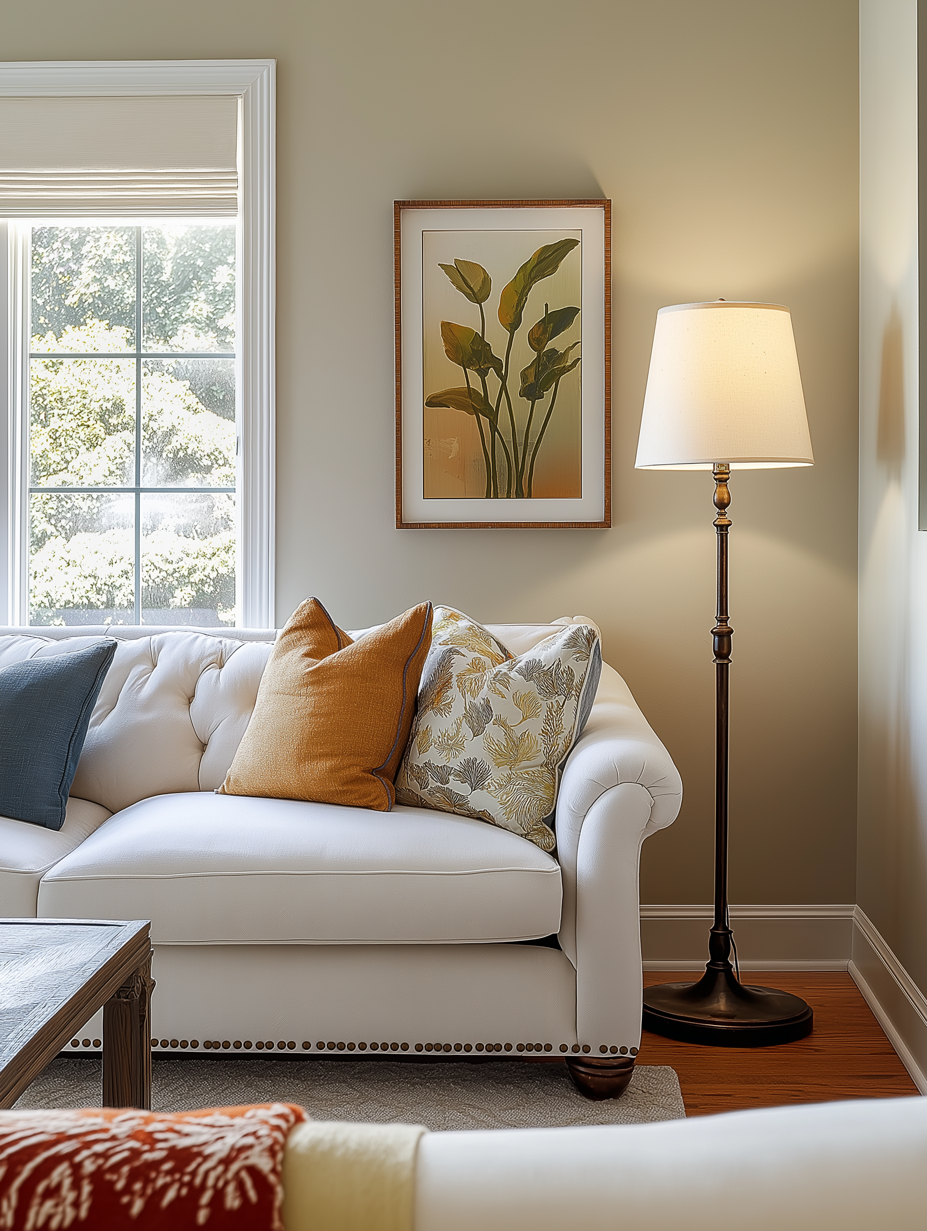 The living room space that has a modern style floor lamp next to the sofa with Lulu sofa and Georgian vintage furniture.
