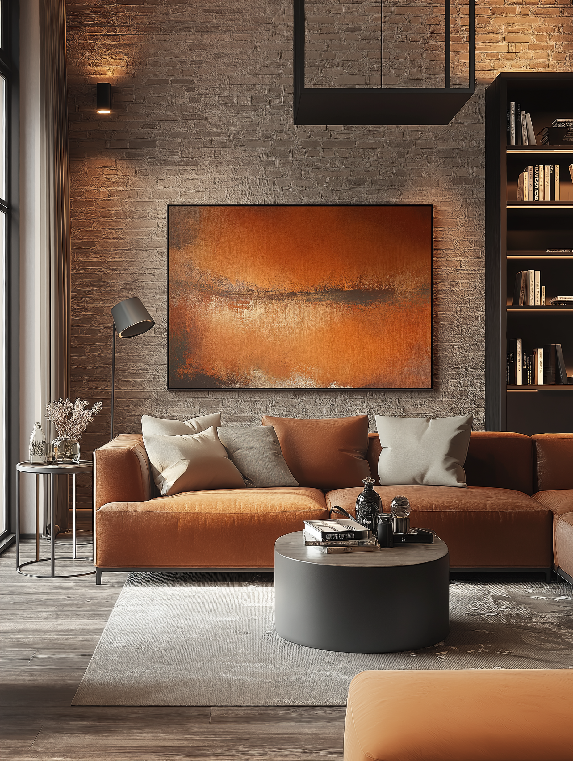 Cozy modern living room with dark amber suede sectional, black coffee table, brick accent wall, light wood flooring, and warm lighting.