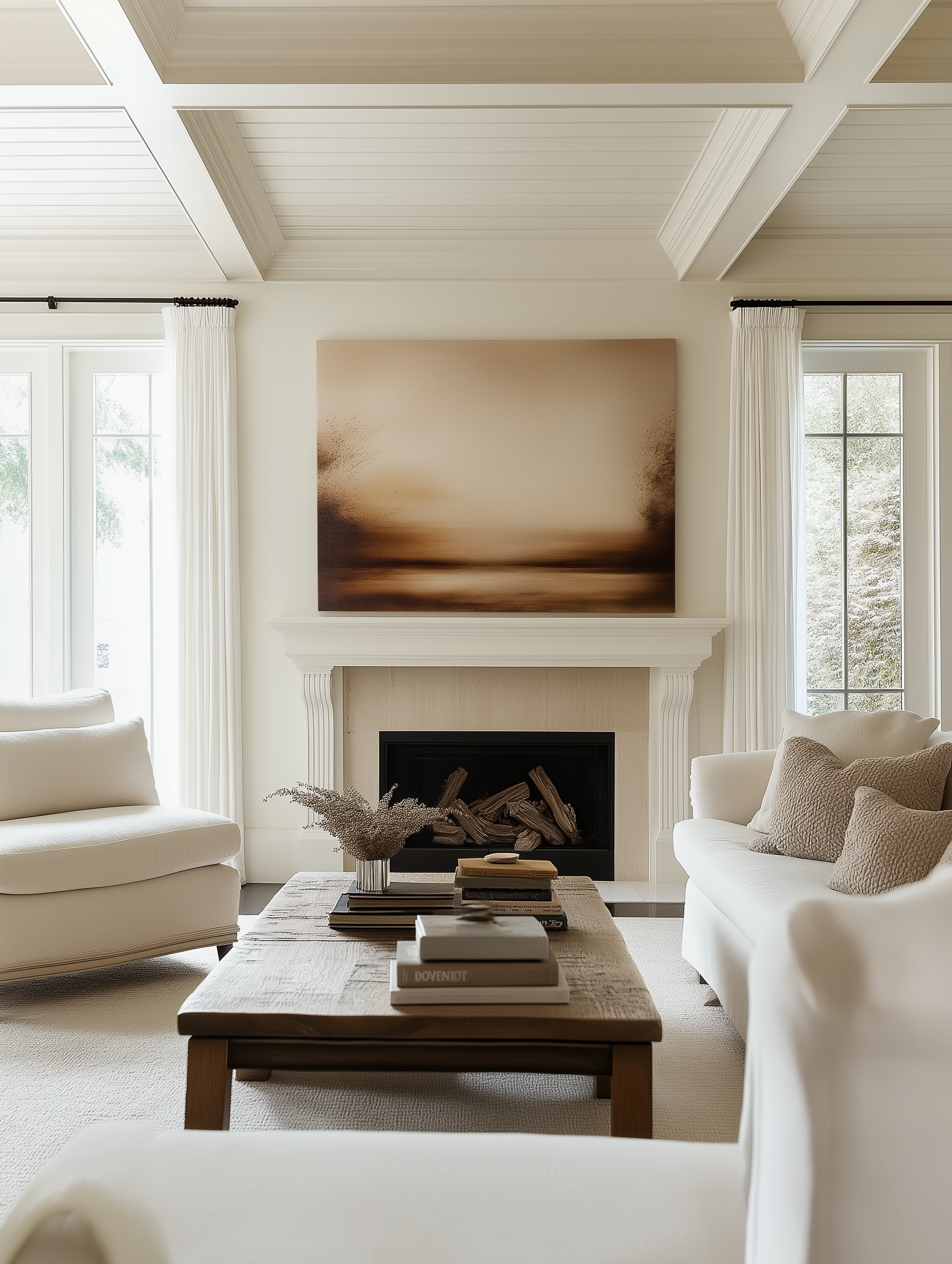 Elegant cozy living room featuring neutral tones, a rustic wooden coffee table, a modern fireplace with a soft beige mantle, and warm natural light streaming through tall windows, perfect for a serene and inviting atmosphere.
