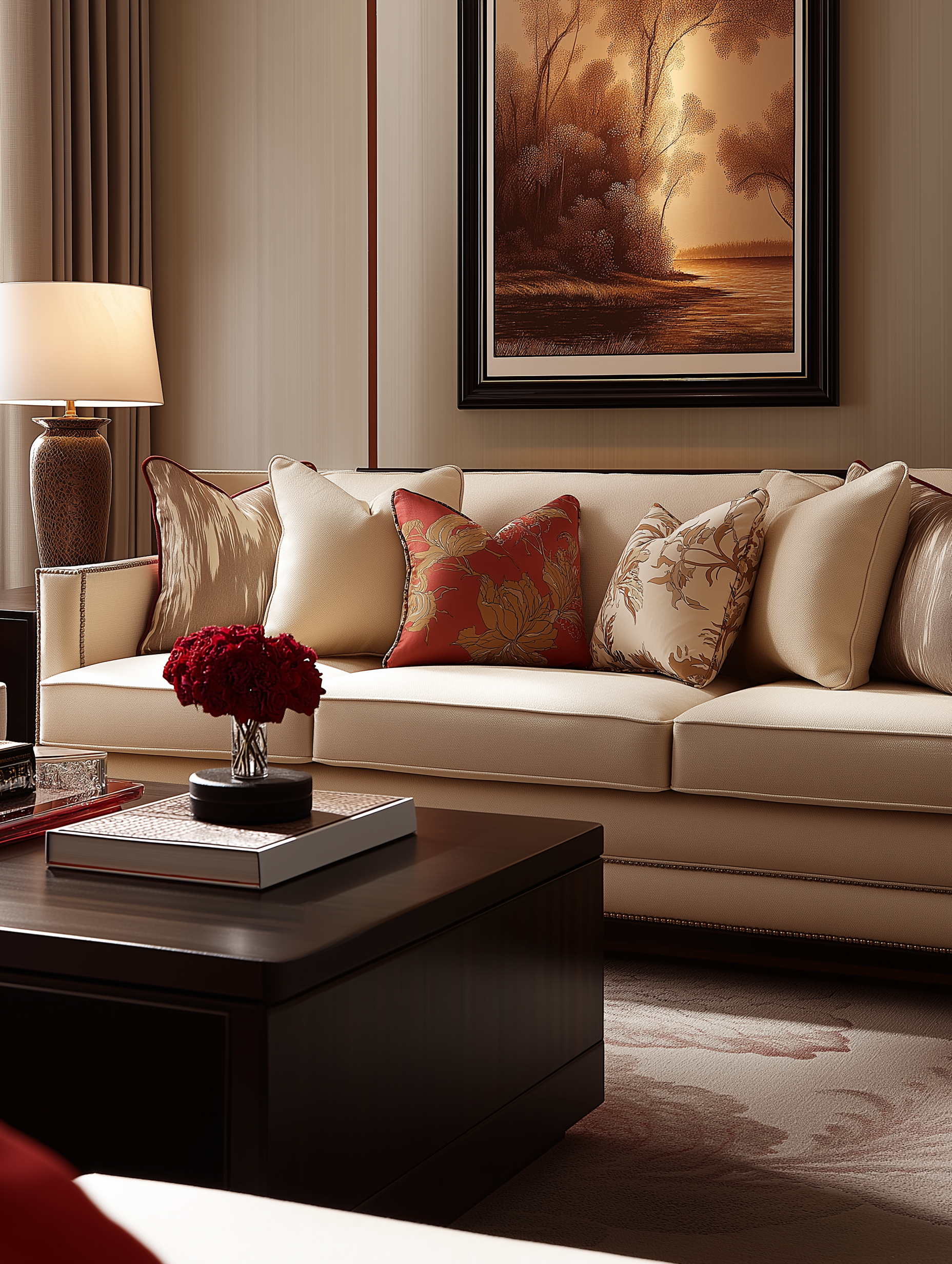 Sophisticated cozy living room with a beige sofa accented by floral and red cushions, a dark wood coffee table topped with a red floral centerpiece, warm ambient lighting from a table lamp, and elegant framed artwork adding a refined touch.