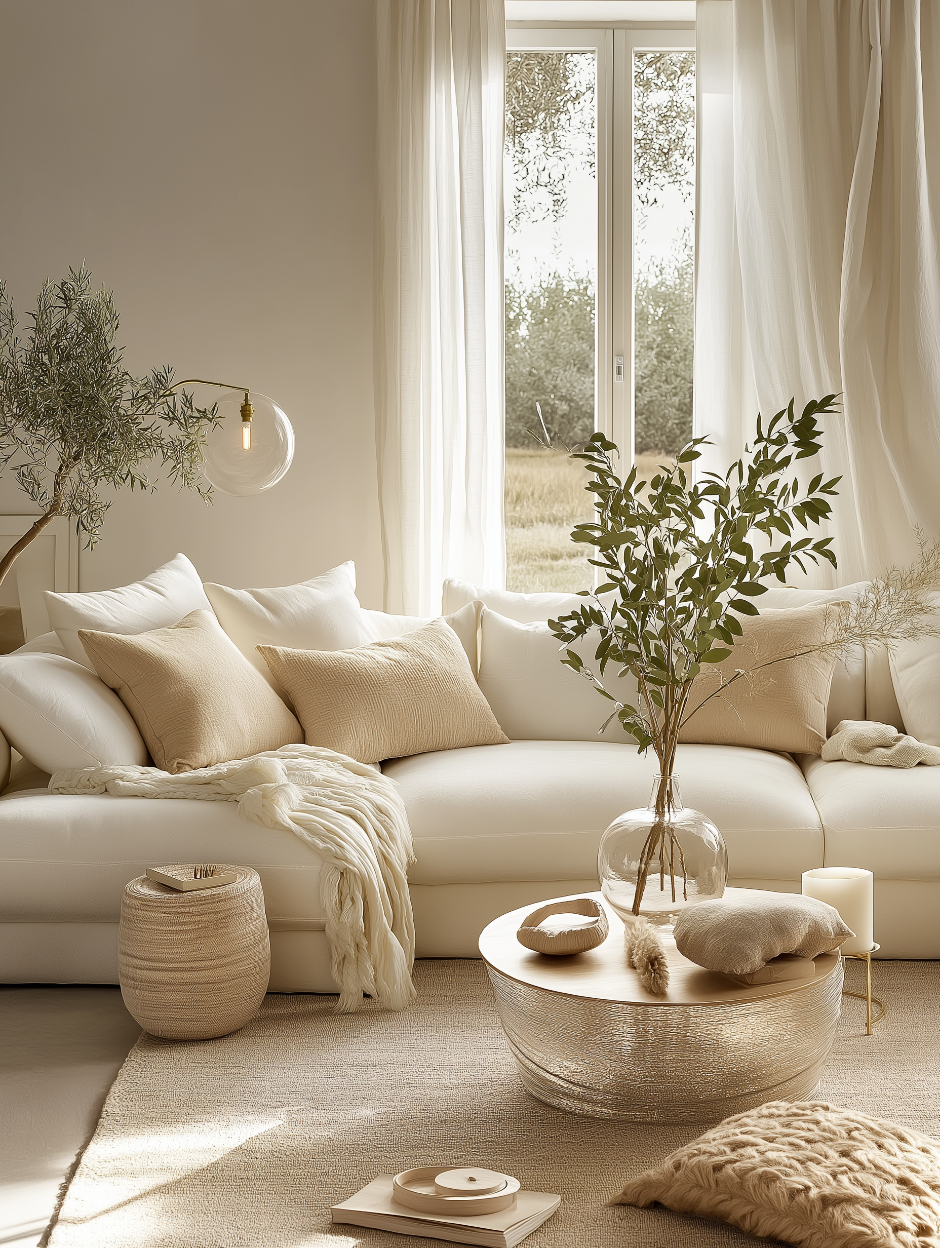 Neutral cozy living room with a white sofa, layered pillows, a glass coffee table, and natural decor for a minimalist aesthetic.