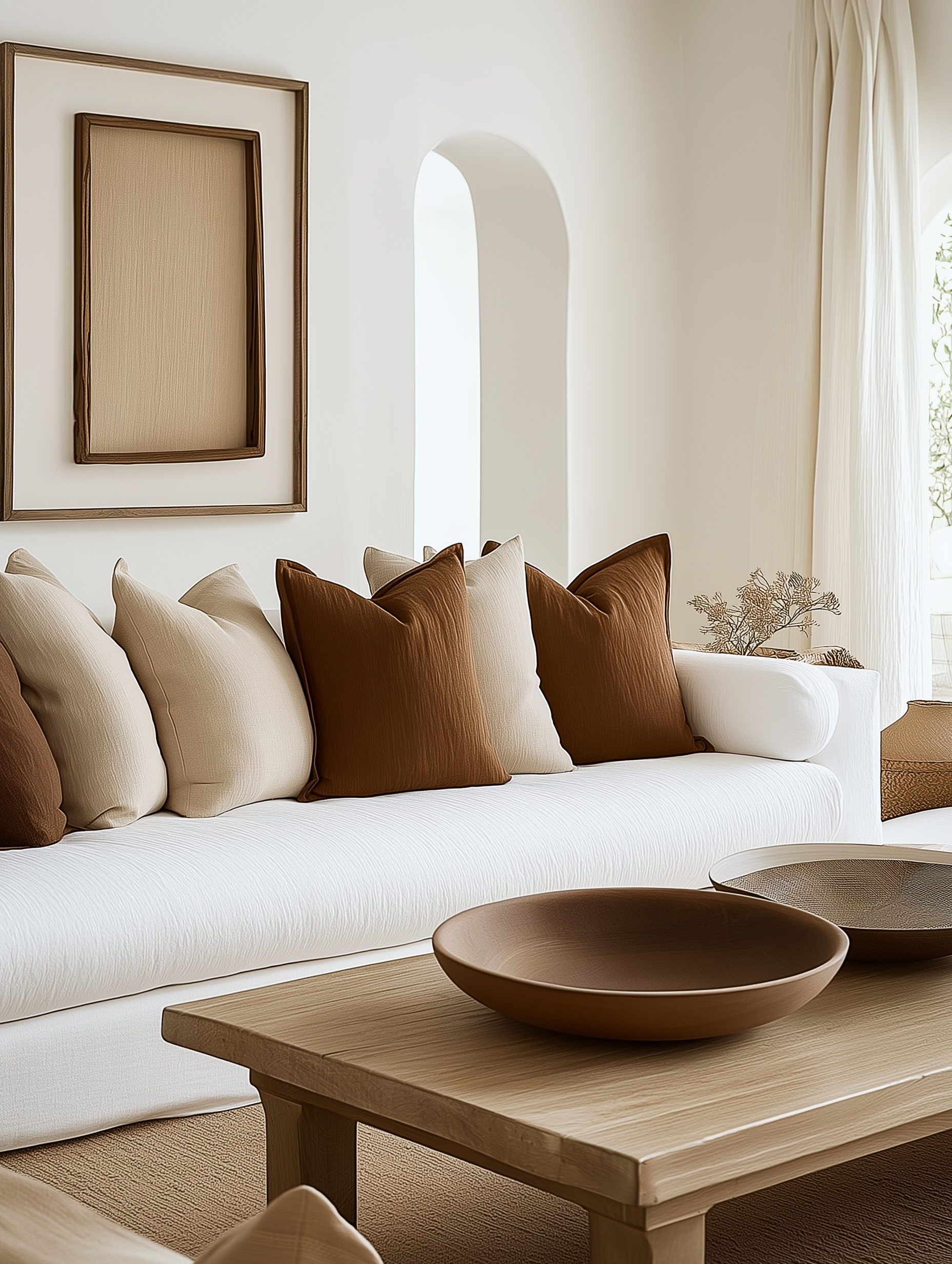Minimalist living room with a cozy white sofa adorned with rust and beige pillows, a natural wood coffee table featuring ceramic bowls, and soft, neutral décor creating a warm and inviting ambiance.