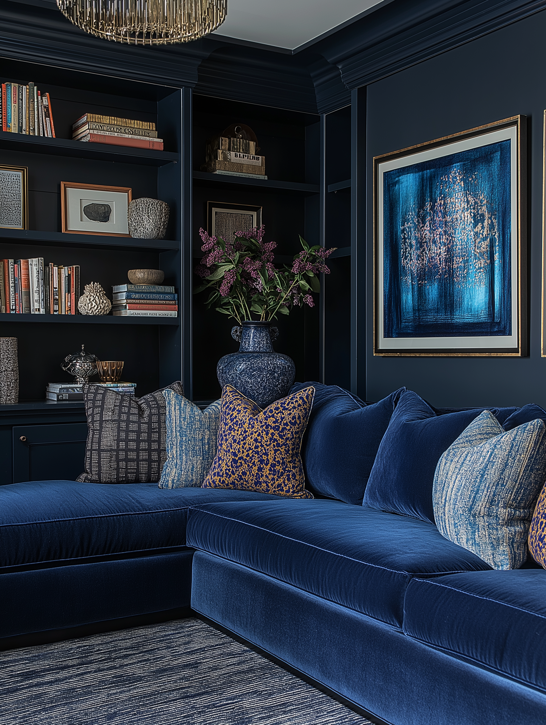 Elegant navy blue living room with a plush velvet sectional sofa, patterned throw pillows, built-in bookshelves styled with décor, and a striking abstract painting adding a pop of color and sophistication.