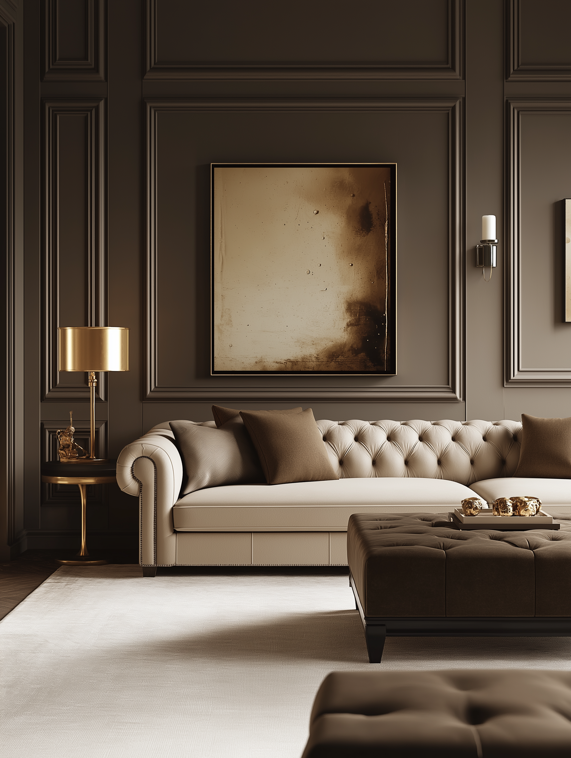 Sophisticated living room featuring a tufted cream Chesterfield sofa, matching cocoa brown ottoman, abstract gold-toned artwork, and warm accent lighting for a luxurious and cozy ambiance.
