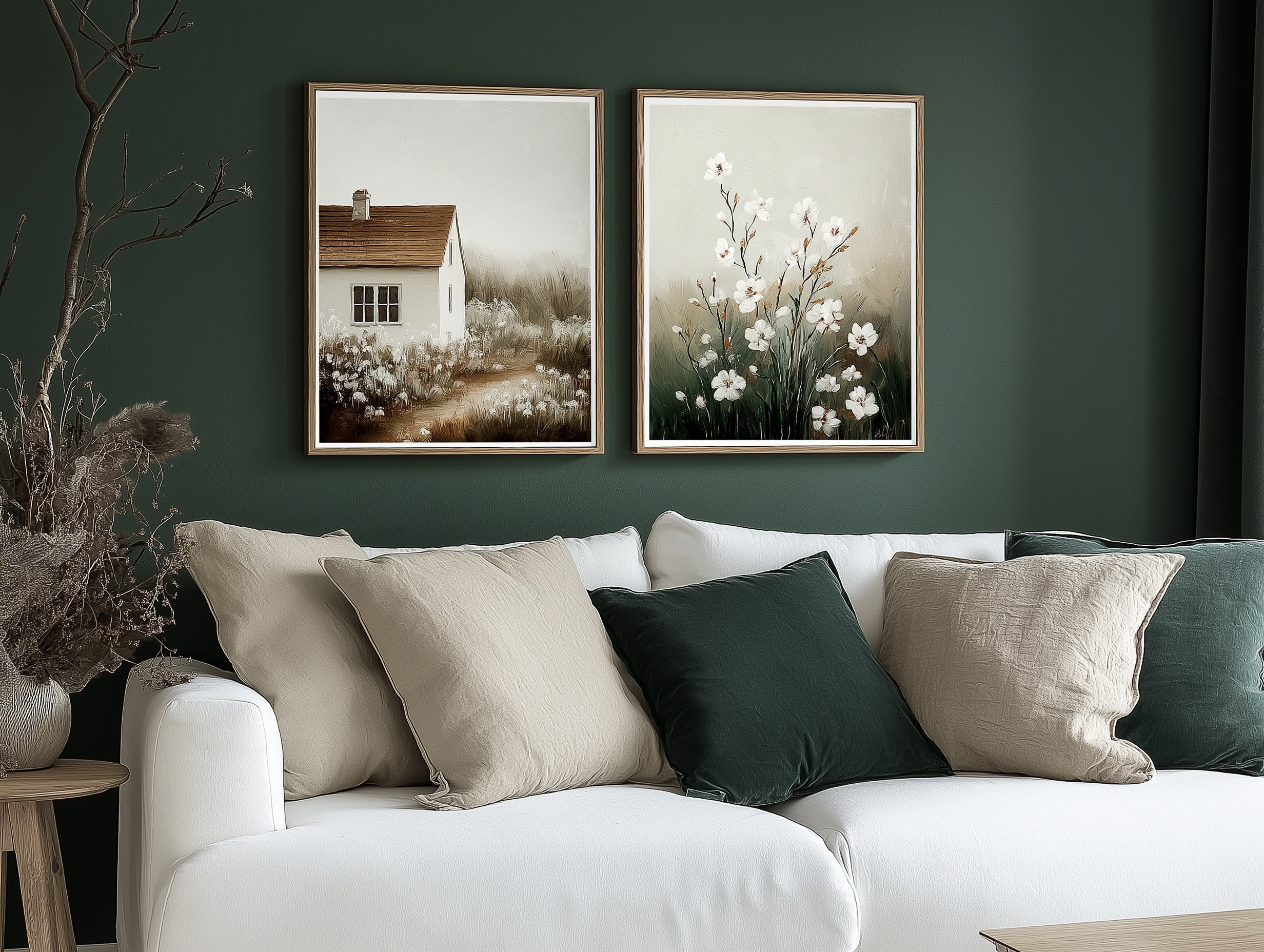 A nature-inspired living room with a deep green accent wall, white sofa, forest green and beige cushions, framed floral and countryside artwork, and a rustic side table featuring a dried foliage arrangement.