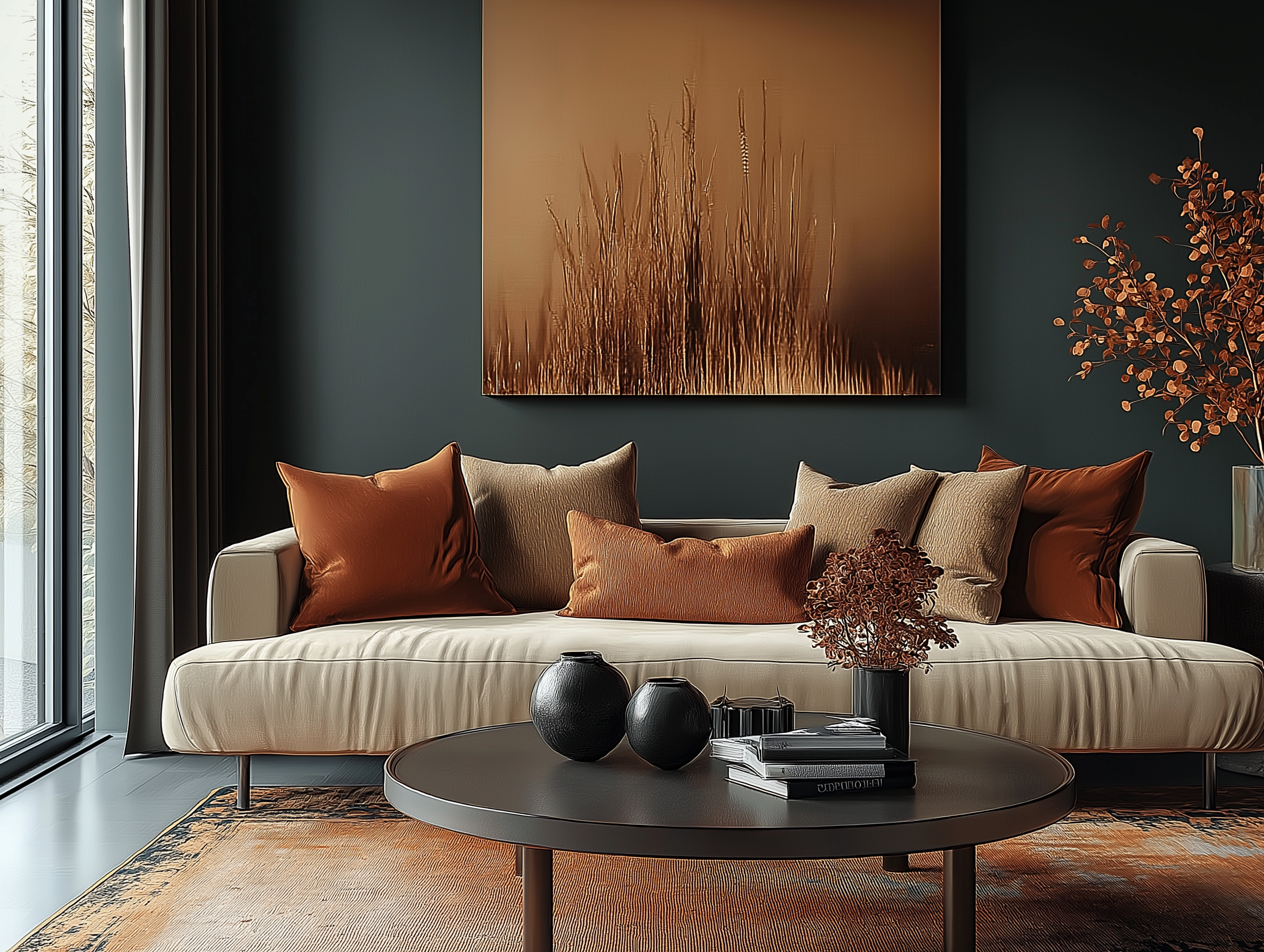 A modern living room featuring a dark accent wall in Farrow & Ball’s Railings, a neutral cream sofa with burnt orange and earthy brown cushions, a minimalist black coffee table, and dried floral arrangements for a cozy autumn vibe.