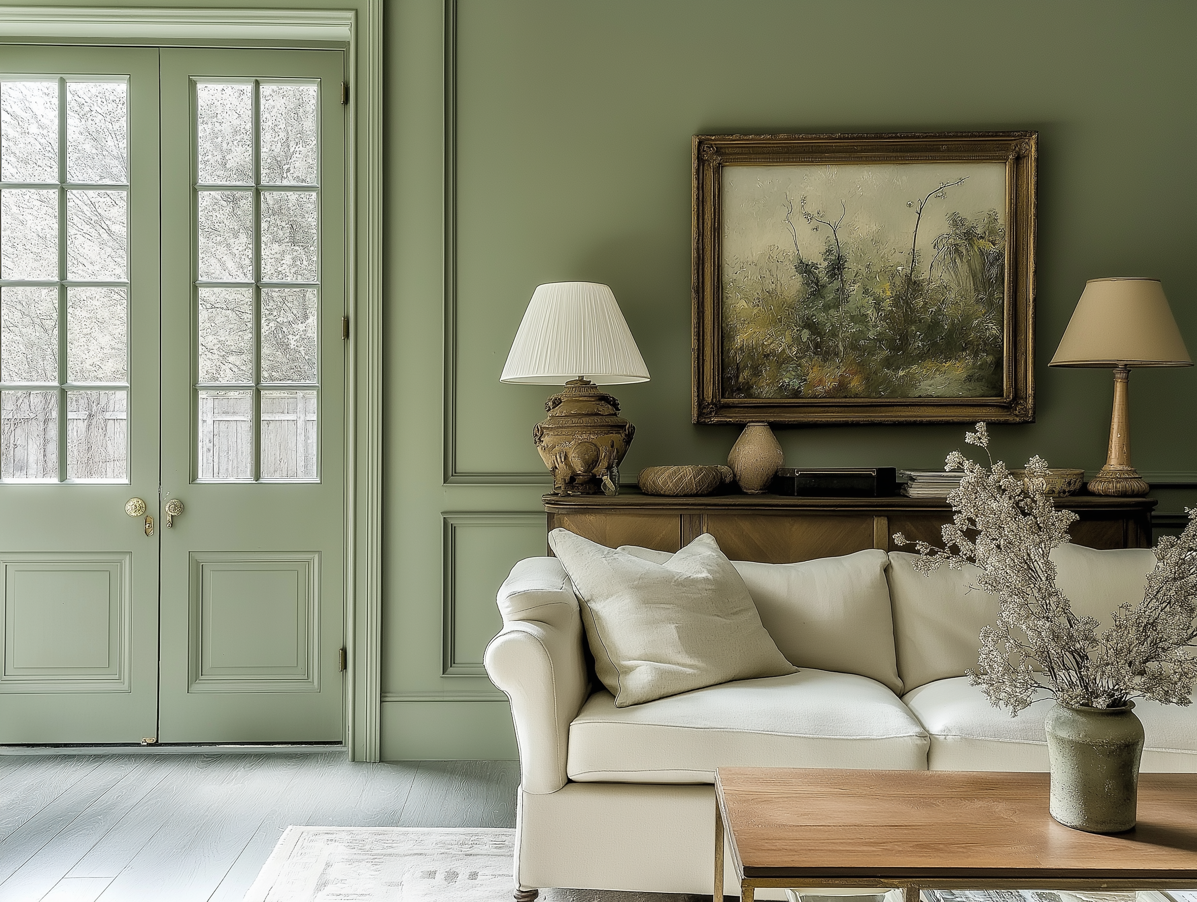 A cozy living room with sage green walls painted in Farrow & Ball’s Green Smoke, a cream sofa, vintage-style artwork, classic table lamps, and dried floral accents creating a timeless and serene aesthetic.