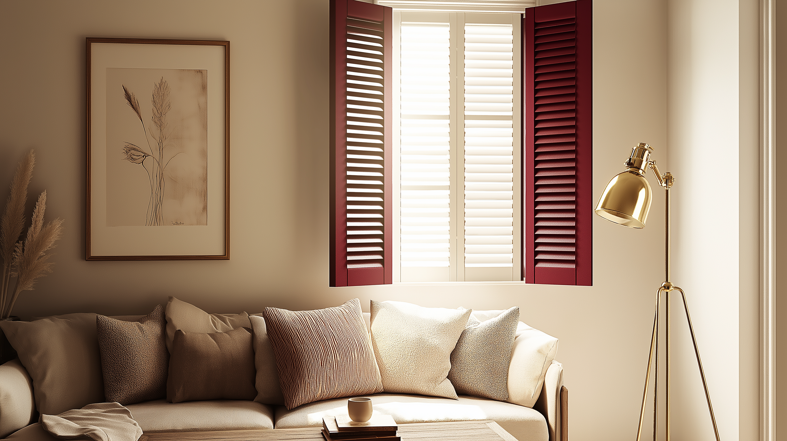Cozy living room with cream walls, burgundy shutters painted in Farrow & Ball’s Brinjal, a neutral sofa adorned with textured throw pillows, a brass floor lamp, pampas grass décor, and minimalist wall art for a warm and elegant aesthetic.