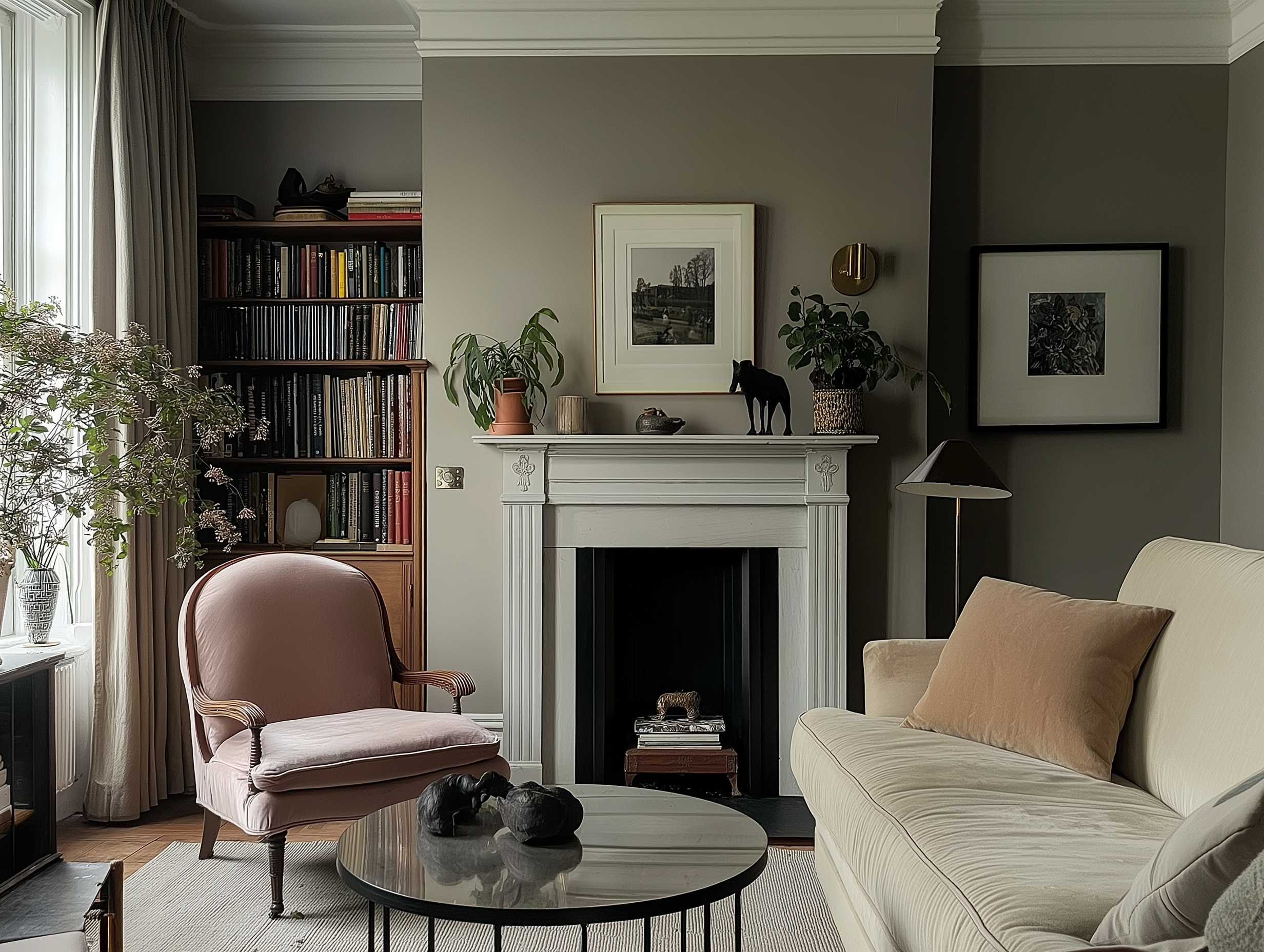 Classic living room featuring neutral walls painted in Farrow & Ball’s Shaded White, a blush armchair, beige sofa, round coffee table, gold wall sconce, lush indoor plant, and curated bookshelf for a cozy yet sophisticated aesthetic.