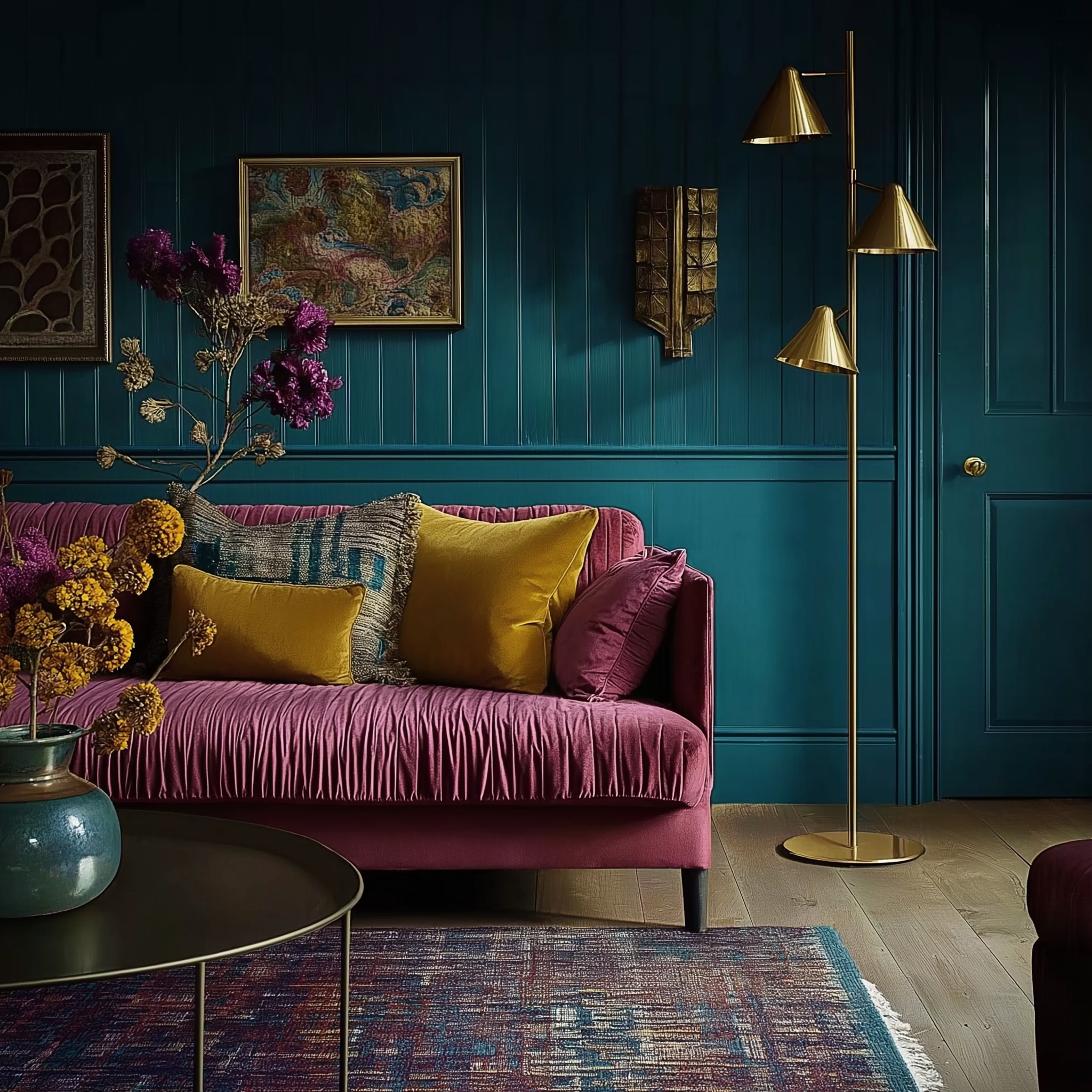 Living room with teal walls painted in Farrow & Ball’s Vardo, a raspberry velvet sofa, mustard and sapphire throw pillows, brass floor lamp, bohemian rug, and bold wall art for a jewel-toned masterpiece.