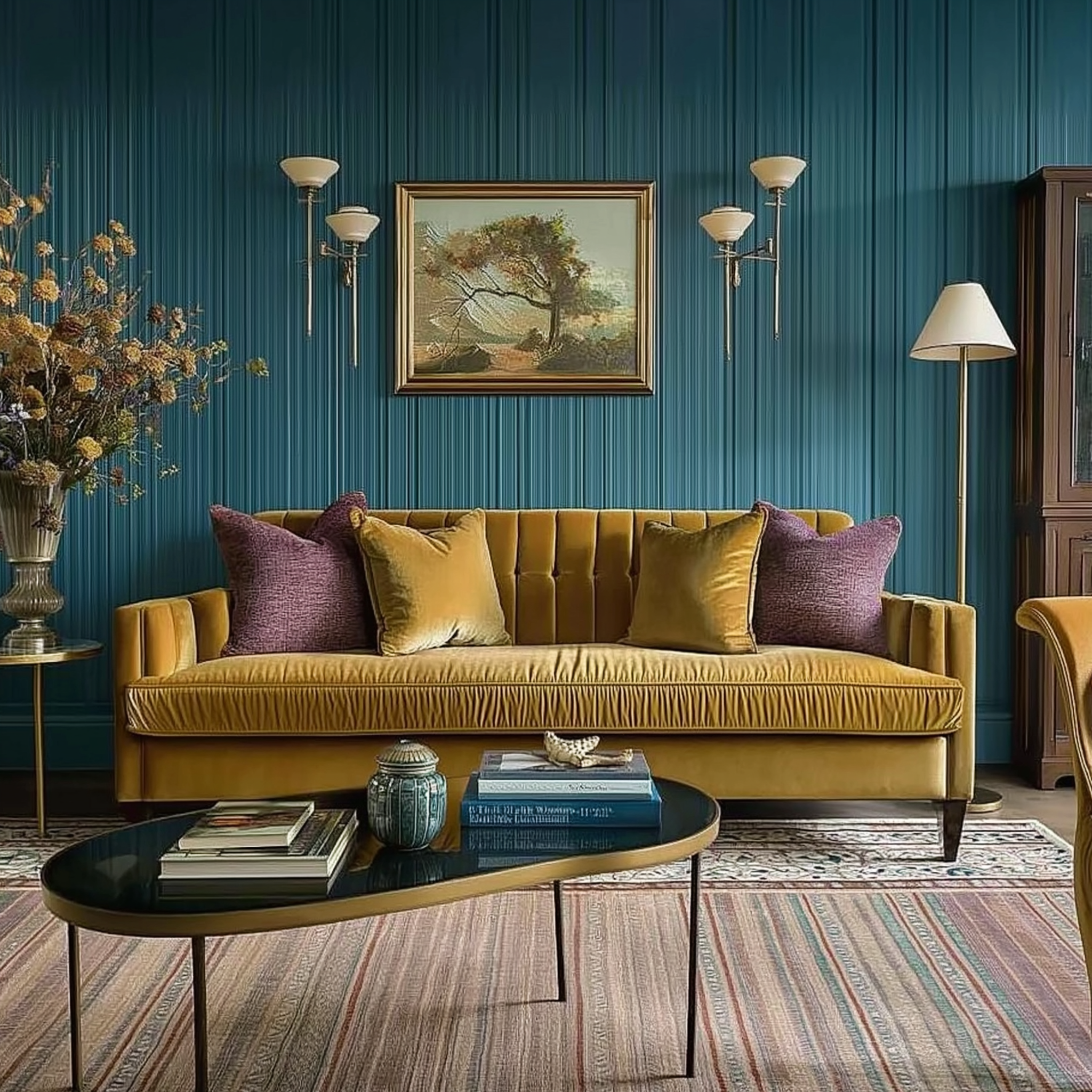 Living room with teal walls painted in Farrow & Ball’s Stiffkey Blue, a mustard velvet sofa, mauve throw pillows, brass sconces, modern coffee table, and vintage landscape artwork for a glamorous, jewel-toned aesthetic.