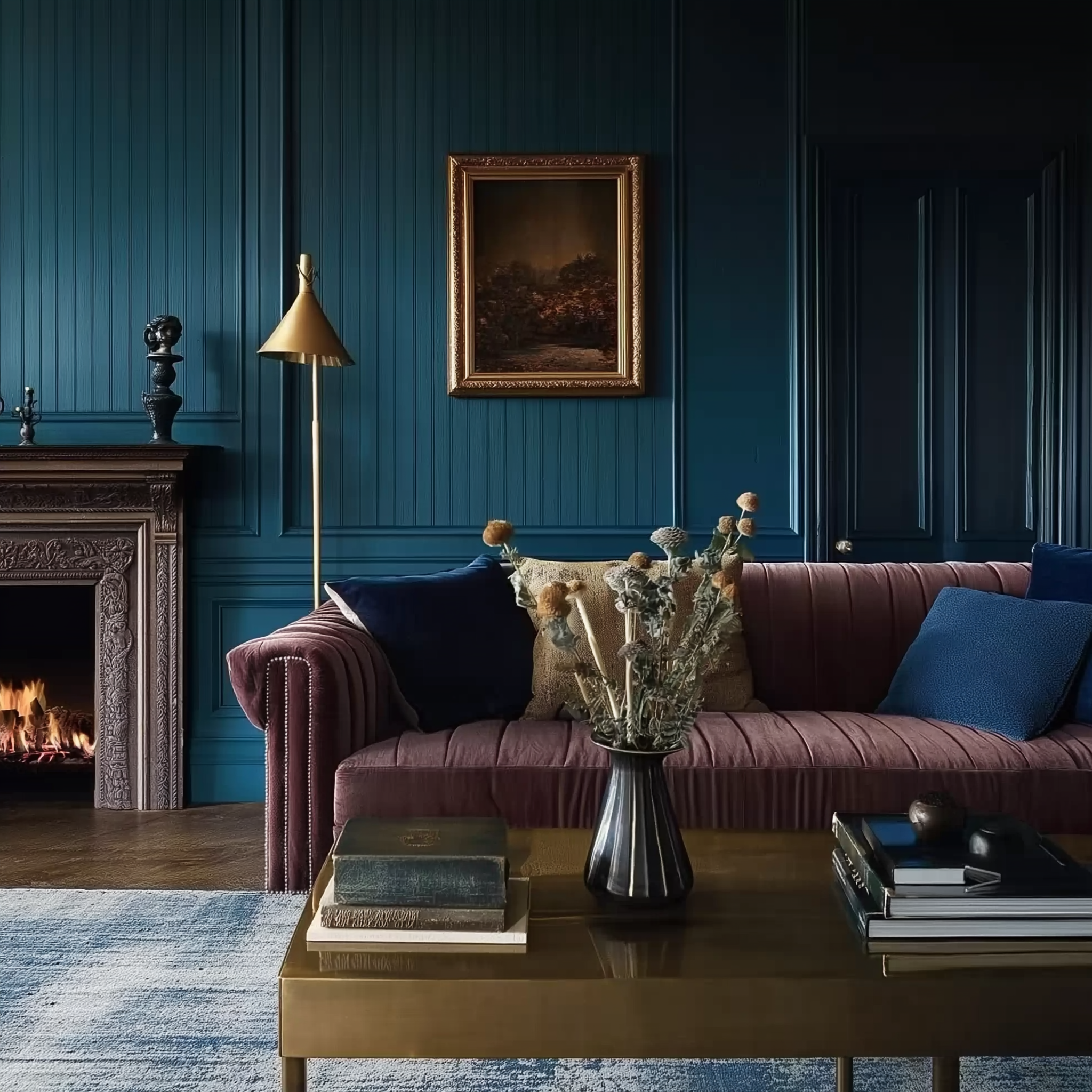 Elegant living room with Farrow & Ball’s Hague Blue walls, a dusty pink velvet sofa, navy and mustard cushions, a gold coffee table, antique-style fireplace, and dried floral arrangement, creating a cozy yet luxurious atmosphere.