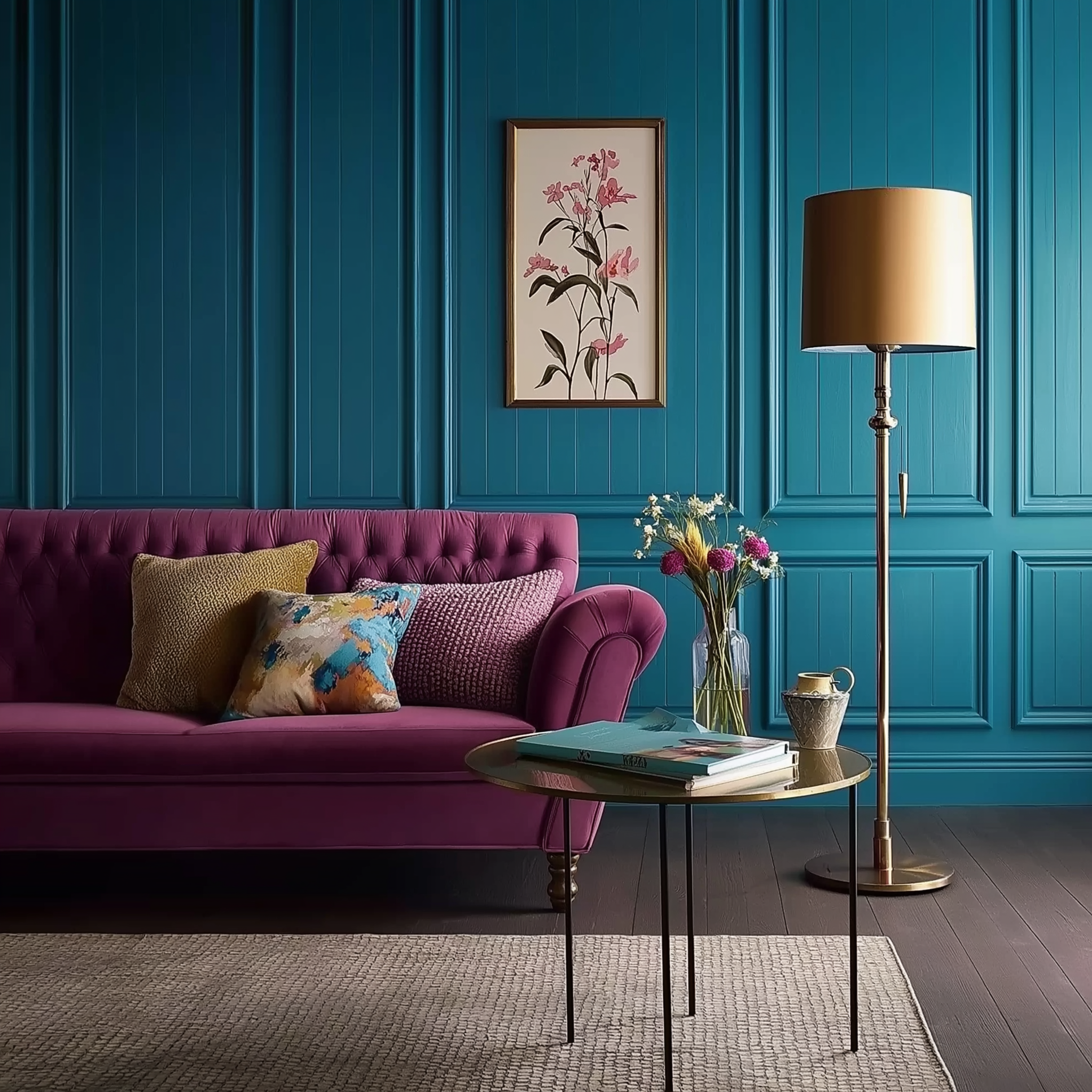 Living room featuring Farrow & Ball’s Vardo teal walls, a magenta tufted sofa, patterned throw pillows, a gold floor lamp, brass side table, and colorful floral accents, creating a vibrant and elegant atmosphere.