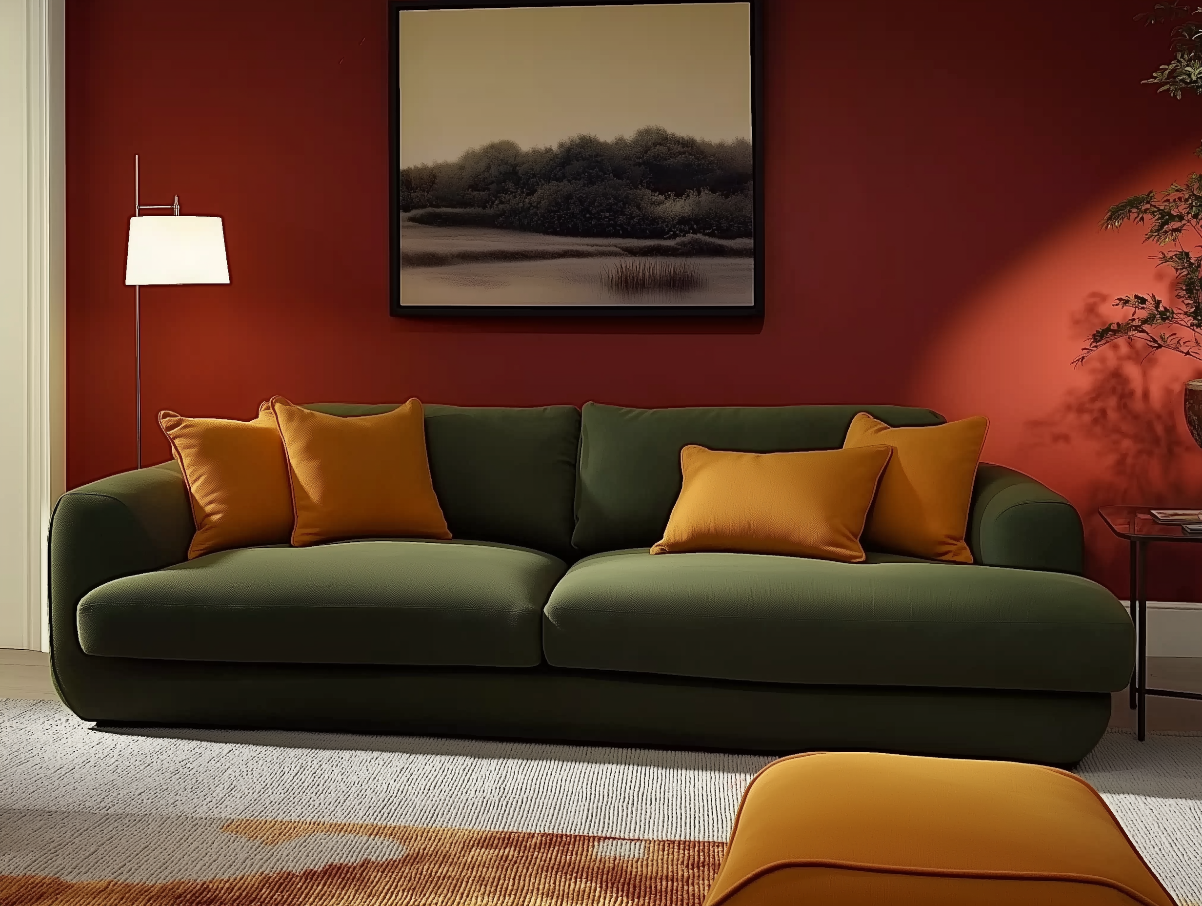 Living room with Farrow & Ball Eating Room Red walls, a forest-green sofa, golden yellow throw pillows, a matching ottoman, and serene wall art creating a bold yet cozy atmosphere.
