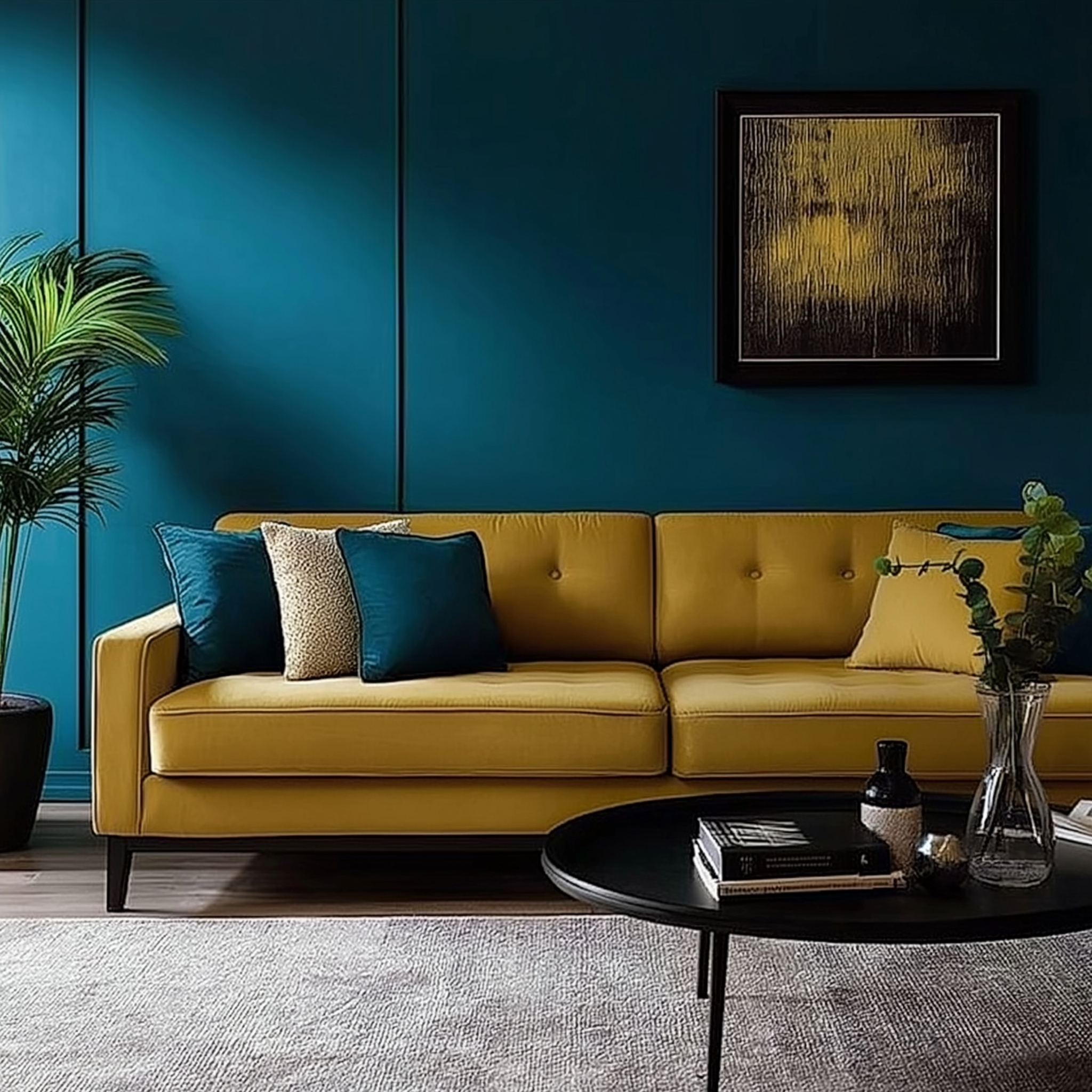 Living room featuring Farrow & Ball Hague Blue walls, a mustard-yellow sofa, teal and gold velvet pillows, a sleek black coffee table, a potted palm, and abstract gold artwork for a bold, modern look.