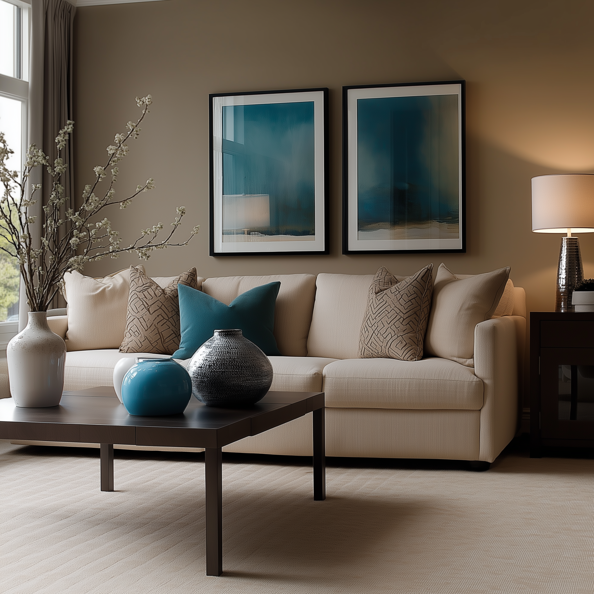 Living room featuring Farrow & Ball Skimming Stone walls, a cream sofa with teal and neutral throw pillows, teal abstract artwork, a dark wood coffee table with ceramic vases, and a metallic table lamp for an elegant, serene design.