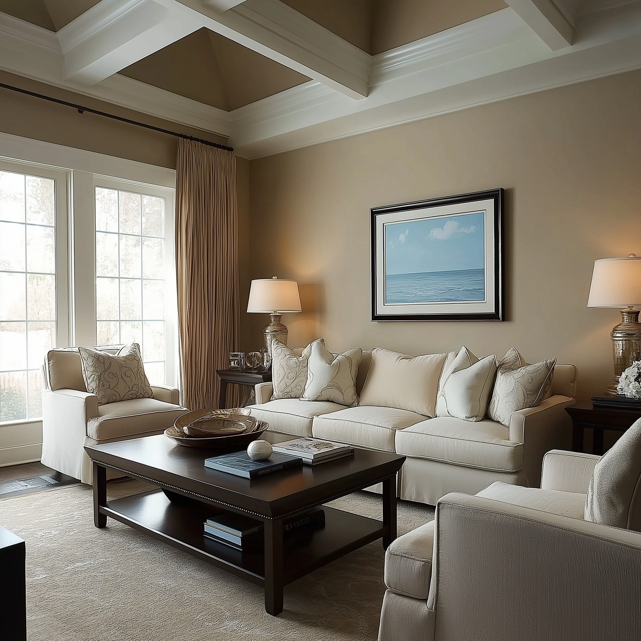 Coastal-inspired living room featuring Farrow & Ball String walls, a cream sofa with patterned pillows, dark wood coffee table, beige curtains, and seascape artwork for a calming, sophisticated aesthetic.