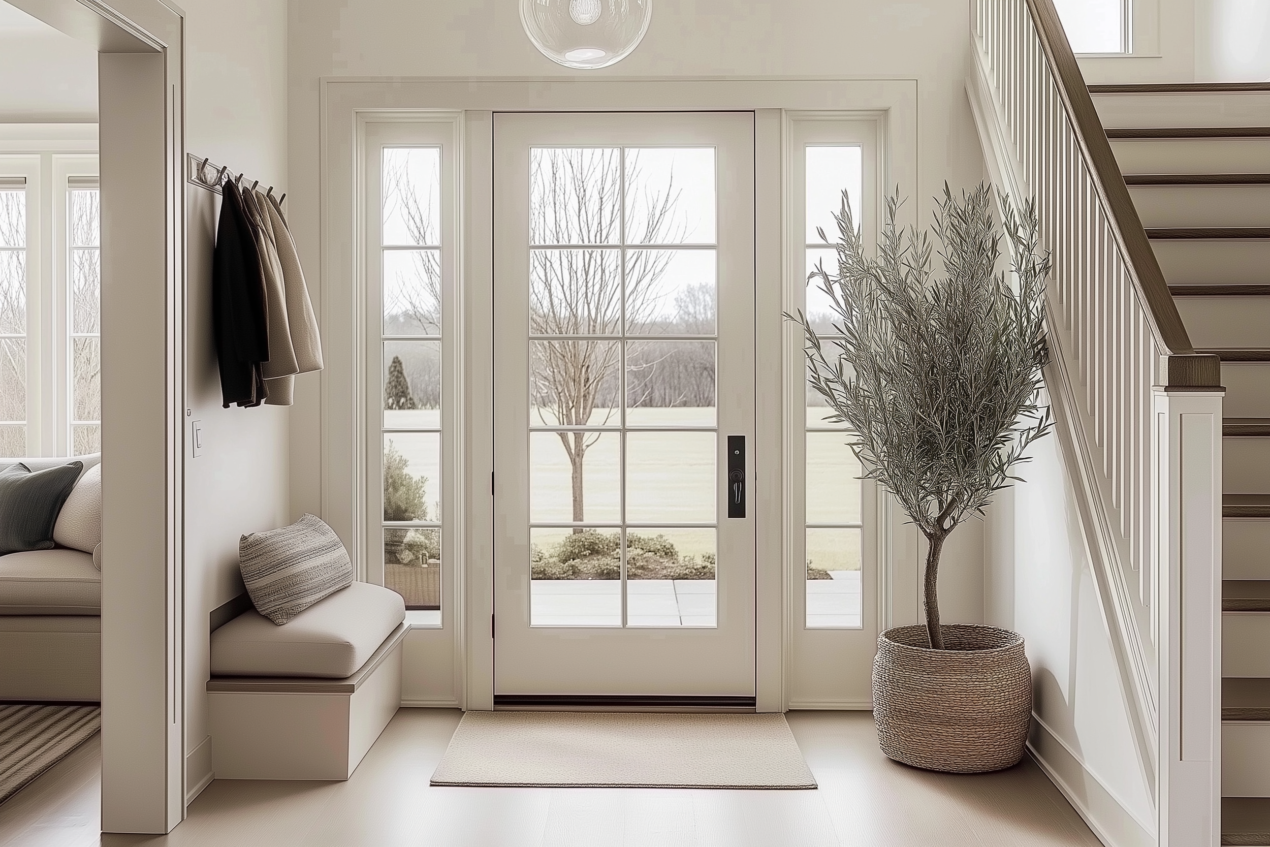 Modern farmhouse entryway with stylish glass door and natural plant decor.