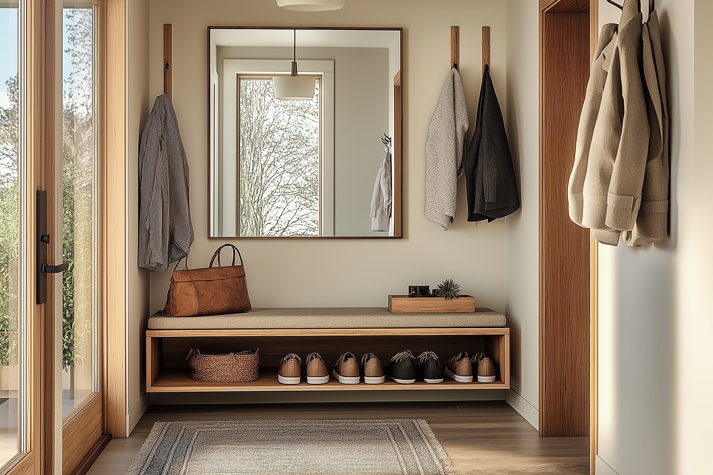 Modern entryway with a sleek storage bench, hooks for hanging, and soft natural light filtering in through large windows.