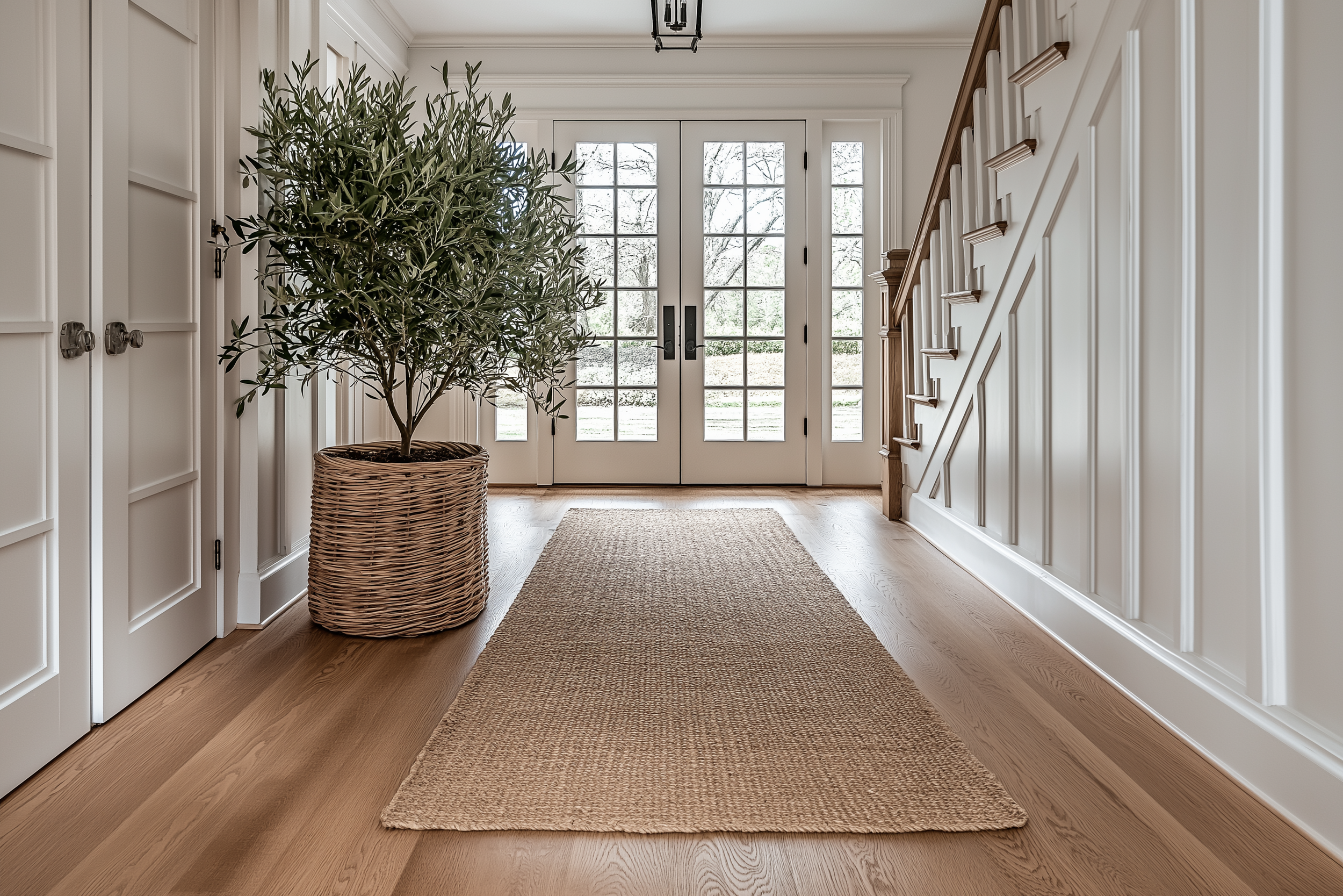 Modern entryway with French doors, wainscoting, and an olive tree in a woven basket adding a natural touch.