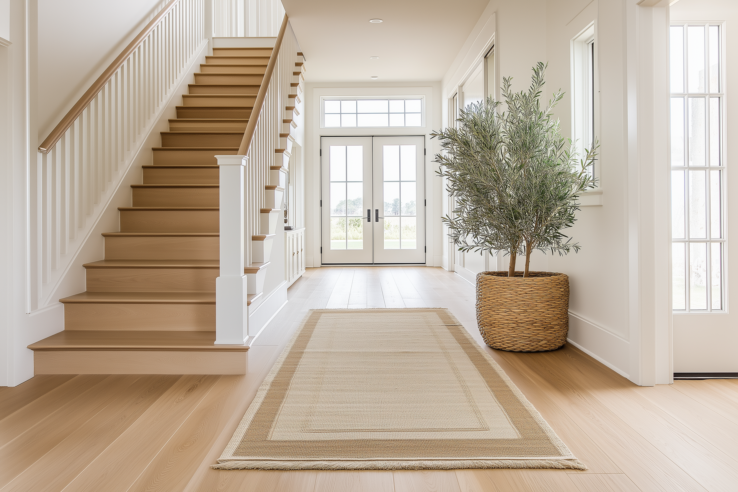 Modern entryway with French doors, olive tree in a woven basket, neutral rug, and a staircase with white walls and light wood details