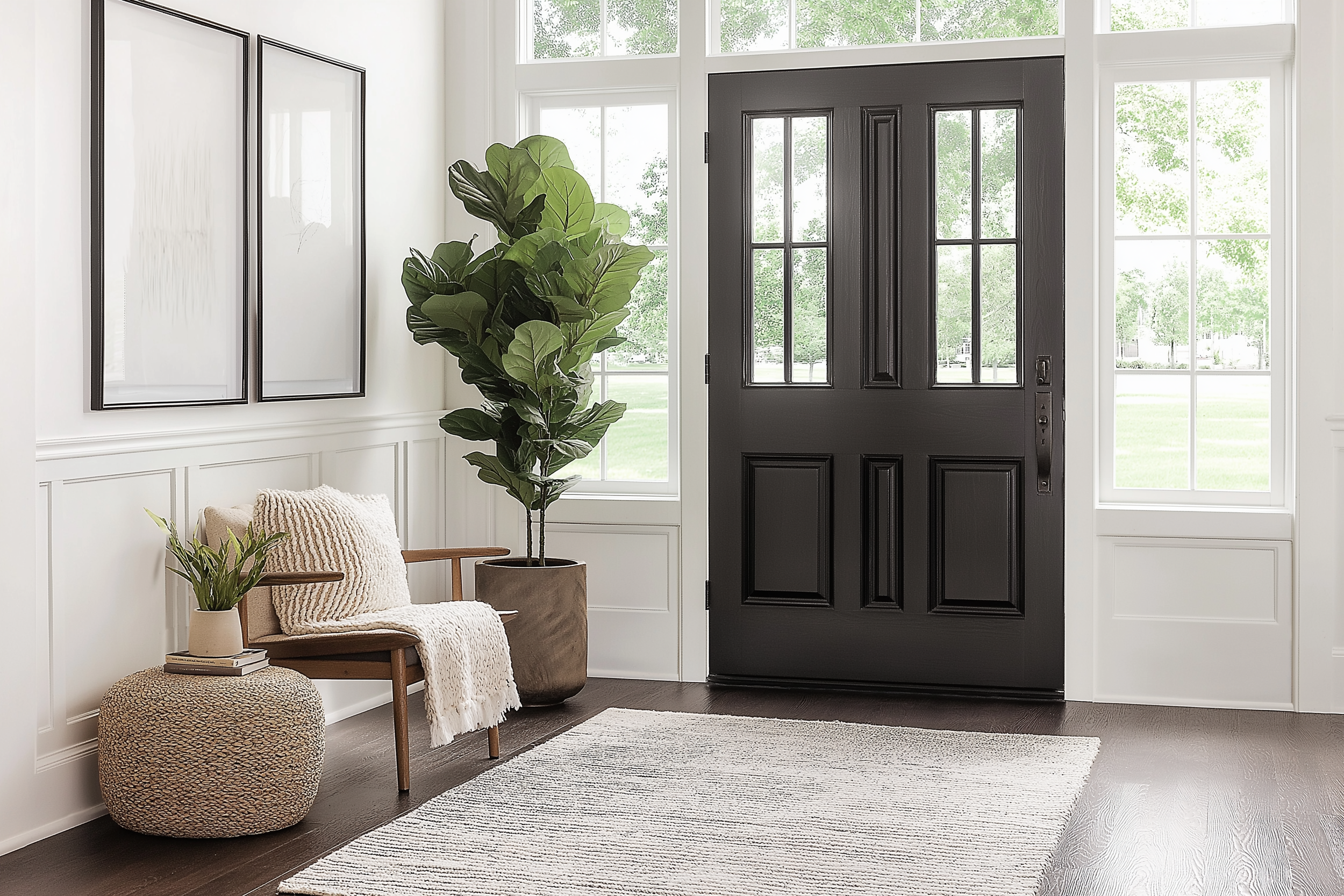 Modern entryway with black front door, wooden bench, woven baskets, potted plants, and soft natural rug