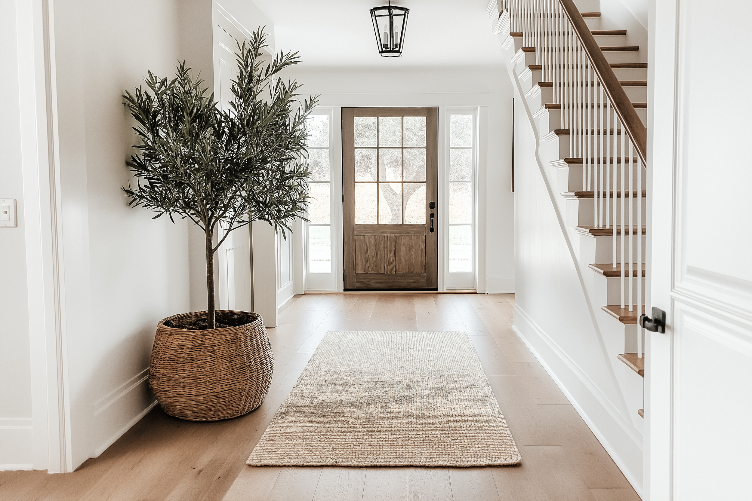 Modern entryway with wooden front door, woven basket, olive tree, and a natural rug.