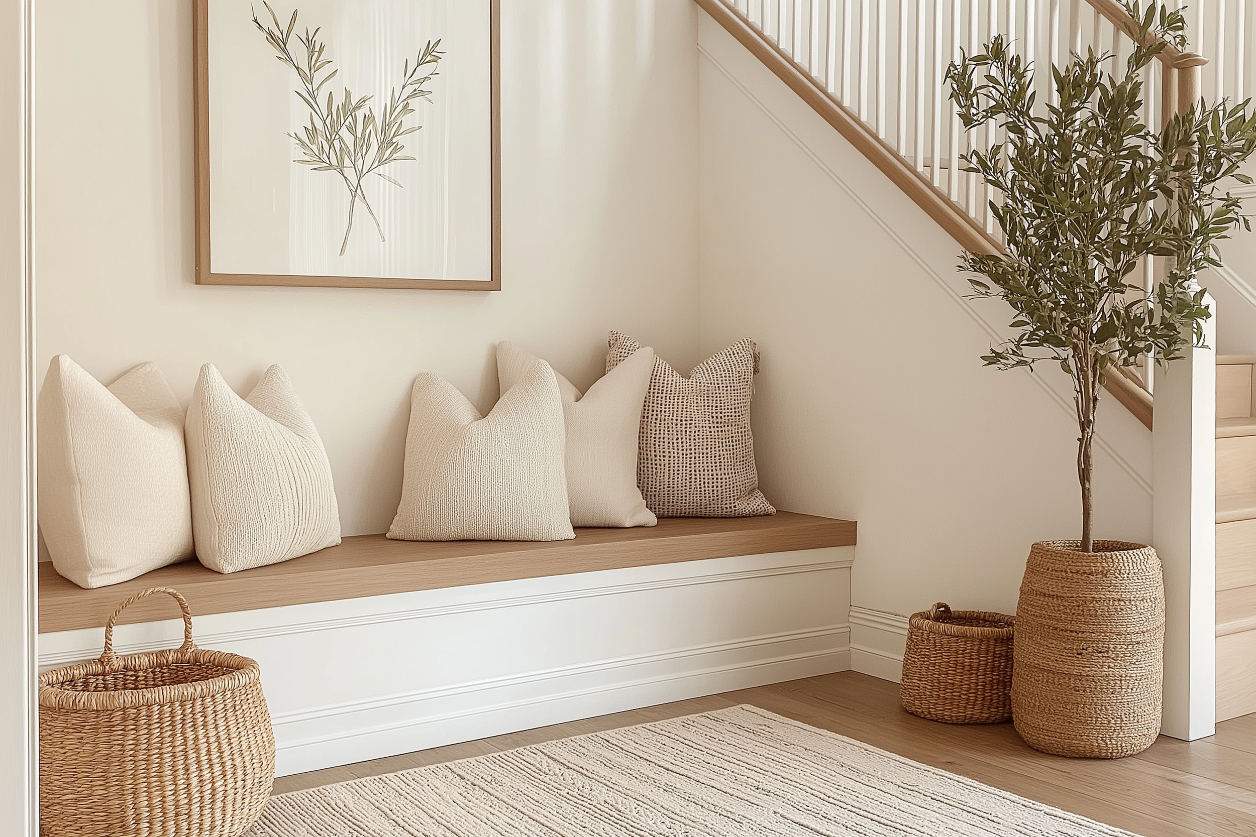 Modern entryway with neutral tones, built-in bench seating, olive tree, and woven baskets.
