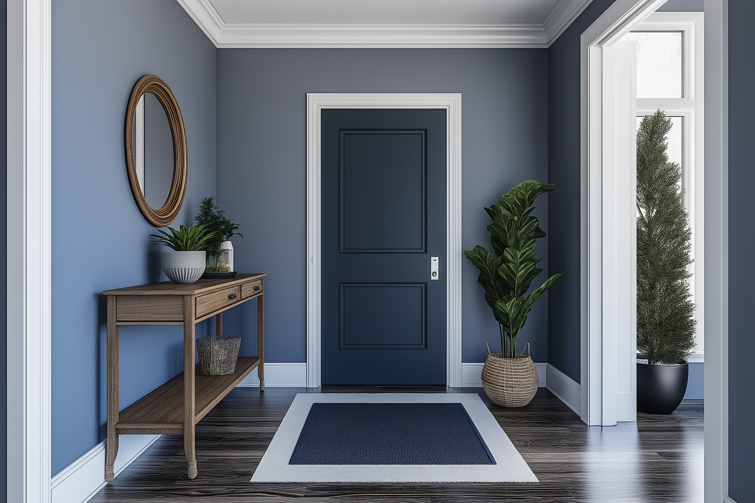 Modern entryway with deep blue walls, a natural wood console table, mirror, and greenery.