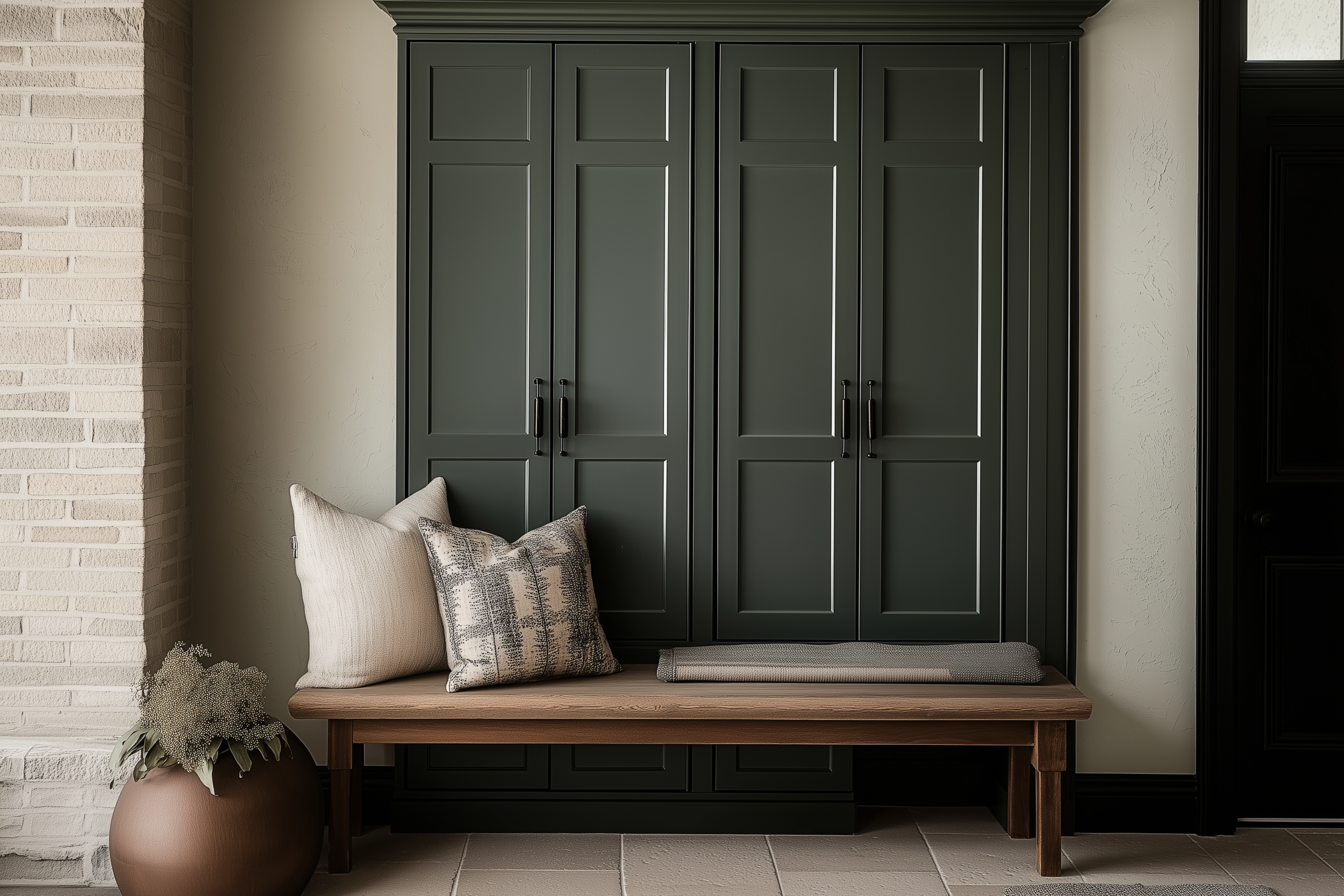 Modern entryway with green built-in closet, wooden bench, and textured pillows with plants.