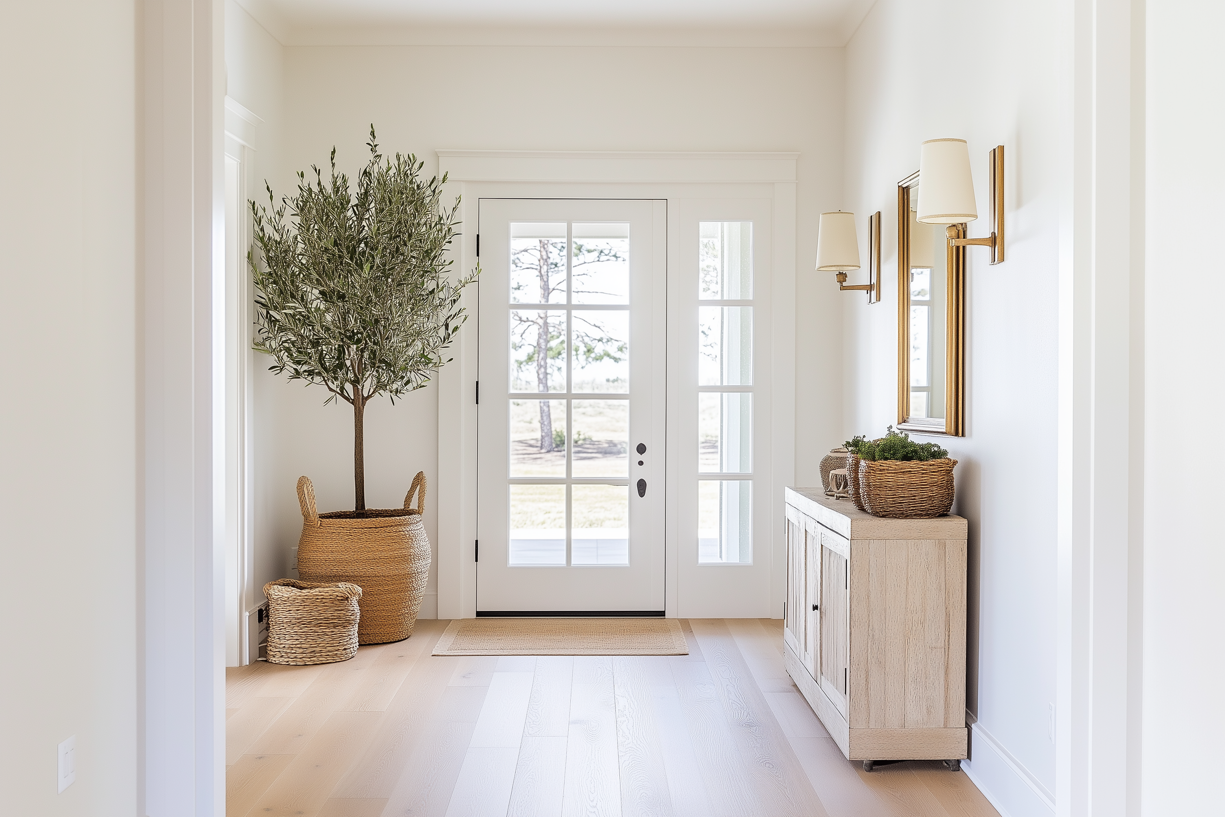 Modern entryway with light wood floors, olive tree in woven basket, and minimalist décor with a welcoming vibe.