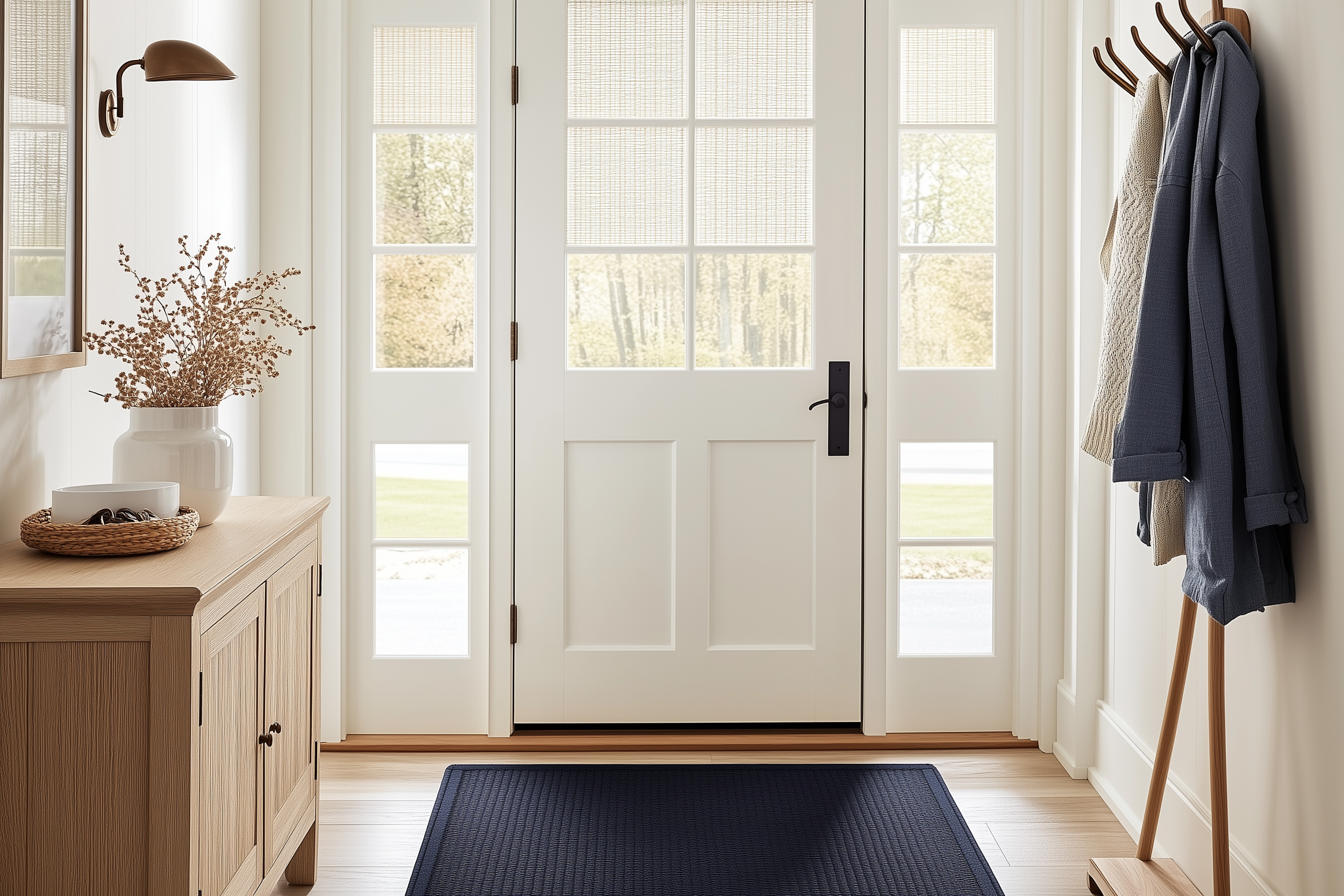 Modern entryway with white walls, light wood flooring, navy rug, and a minimalistic coat rack with a decorative plant.