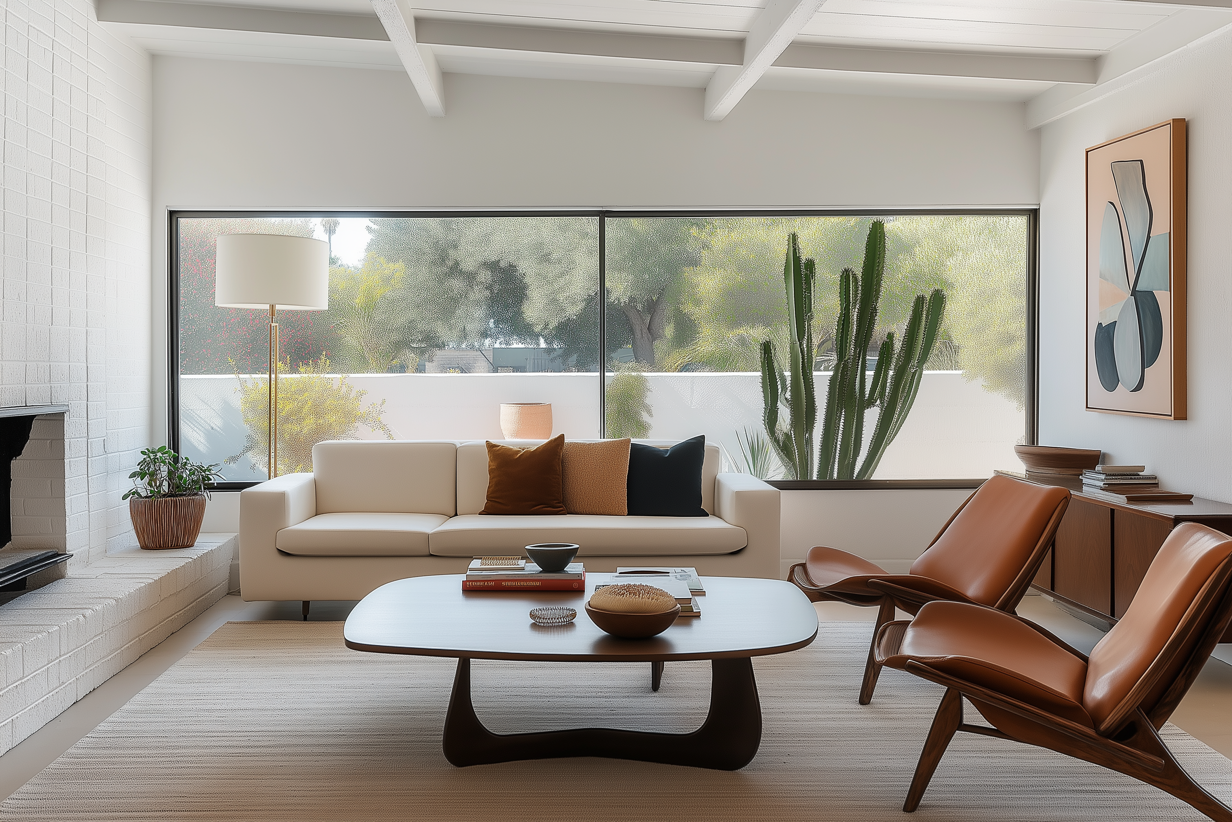 Mid century modern living room with a white brick fireplace, low-profile sofa, and chic leather armchairs, featuring minimalist decor and natural light.