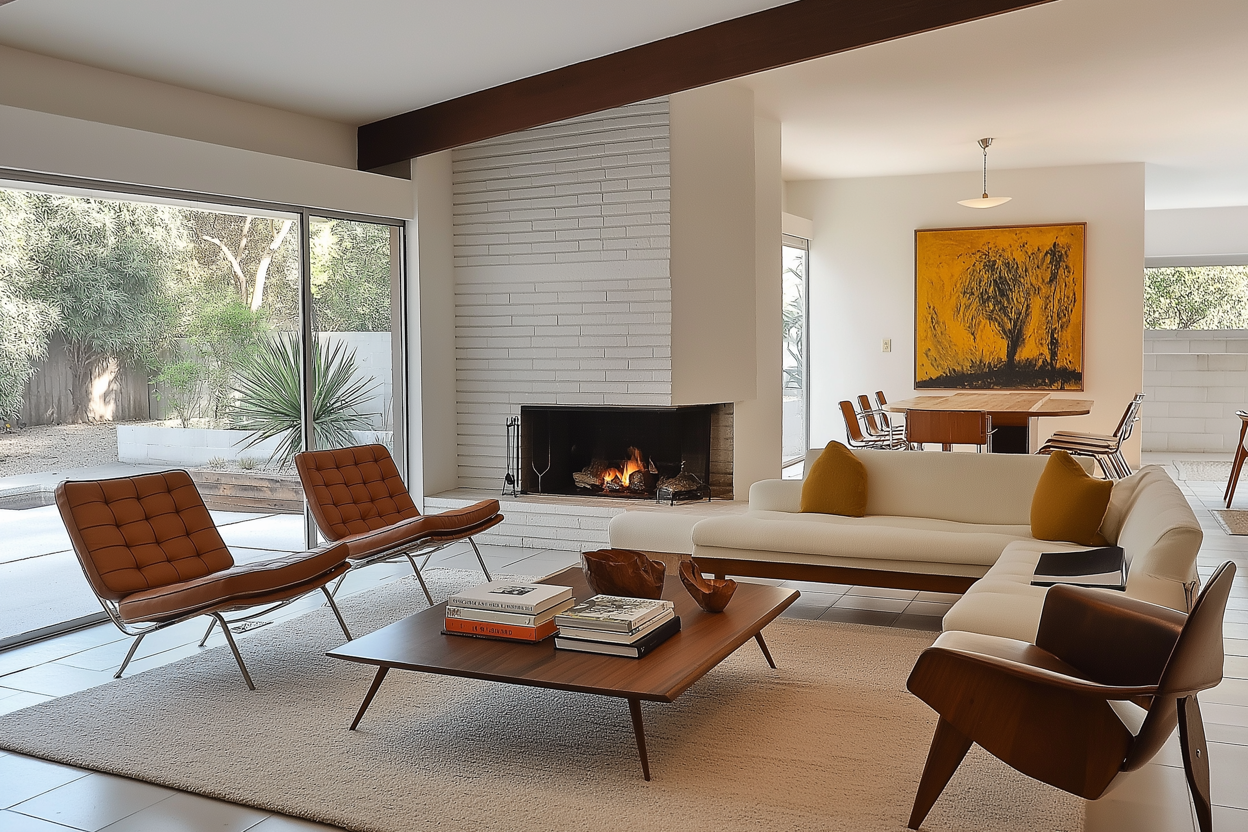 Midcentury modern living room with a sleek fireplace, minimalist furniture, and bold artwork, creating a perfect blend of cozy warmth and stylish design.