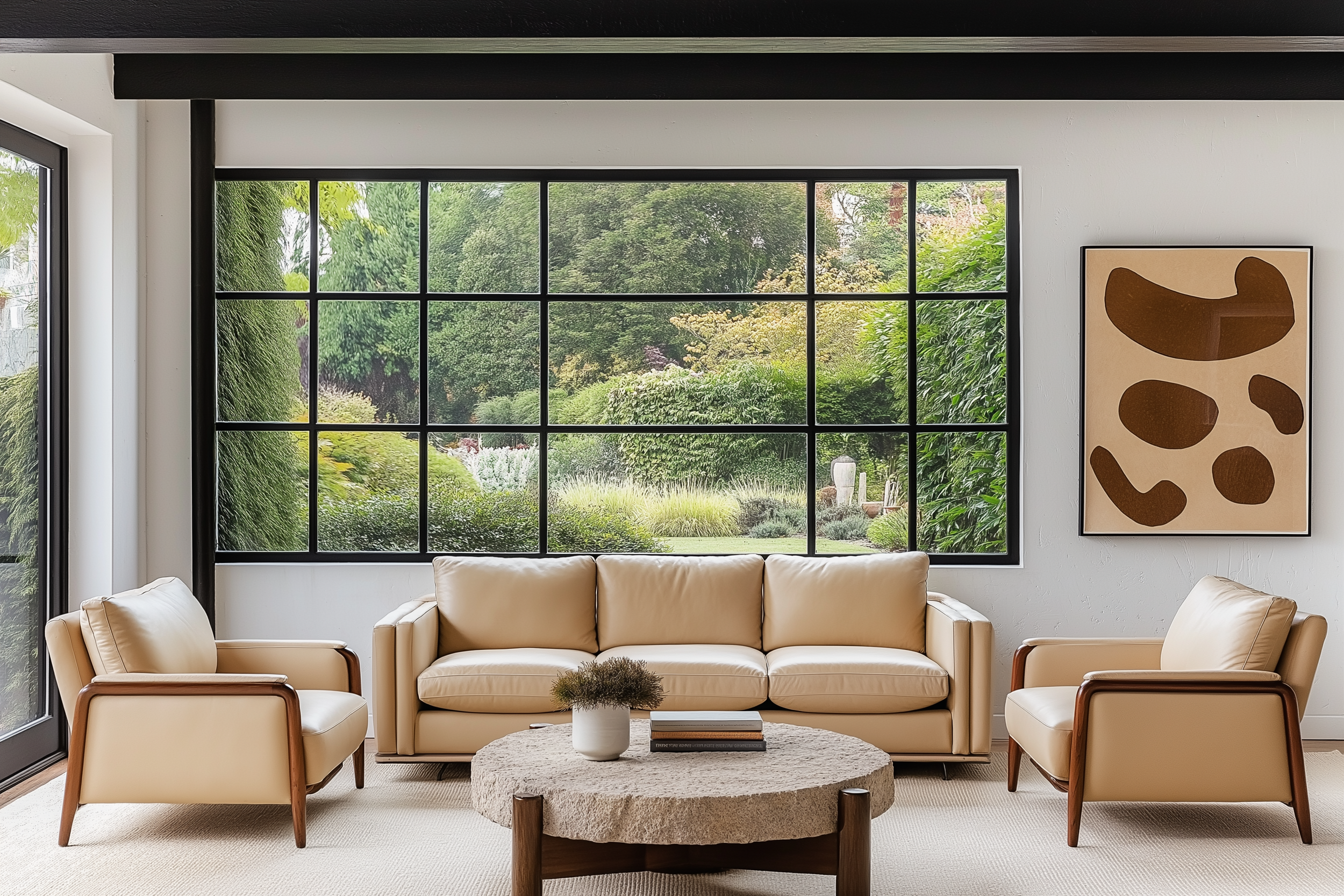 Midcentury modern living room with leather seating, a textured coffee table, abstract art, and sleek design elements creating a chic and comfortable space.