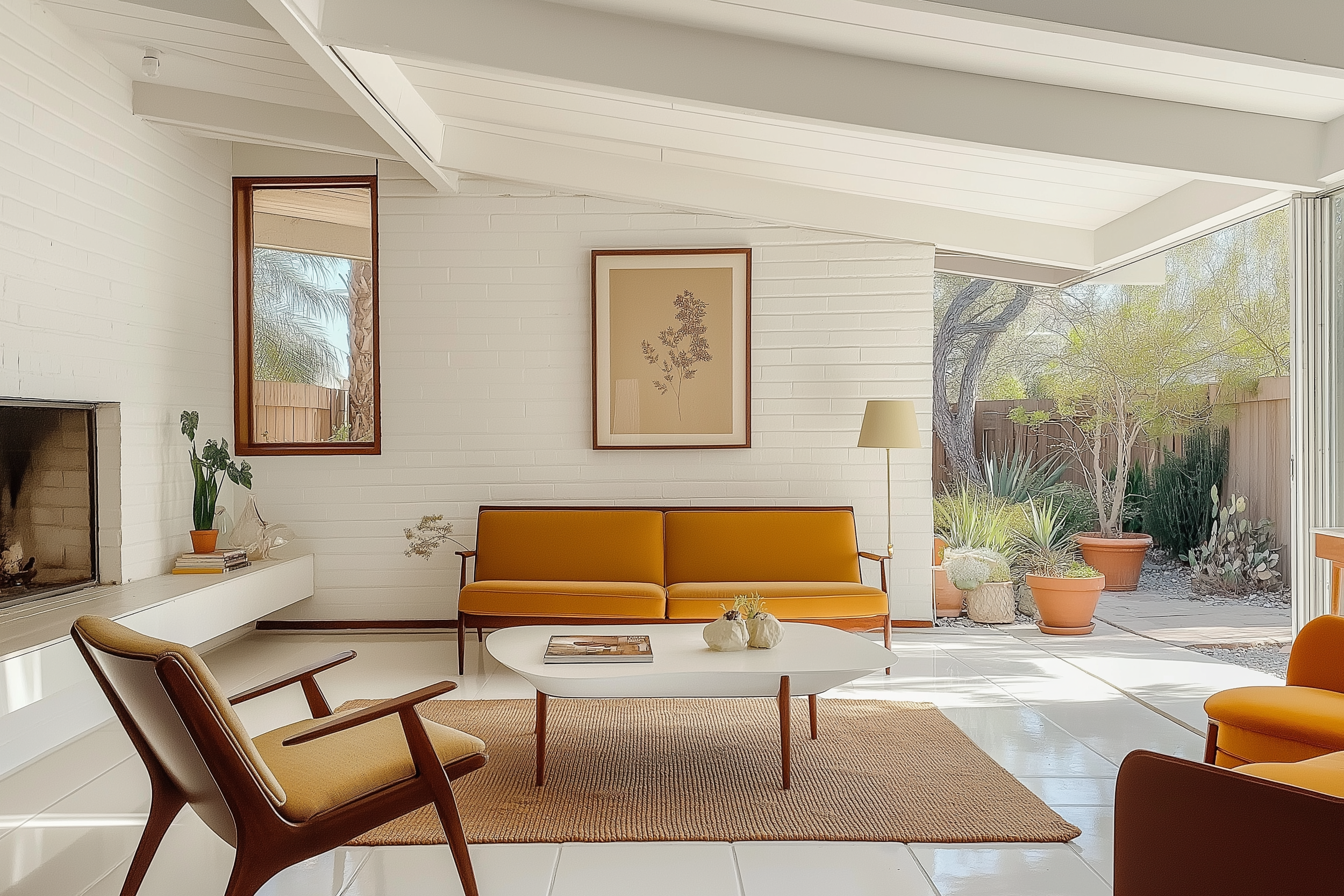 Midcentury modern living room with orange sofa, wooden furniture, abstract art, and garden view.