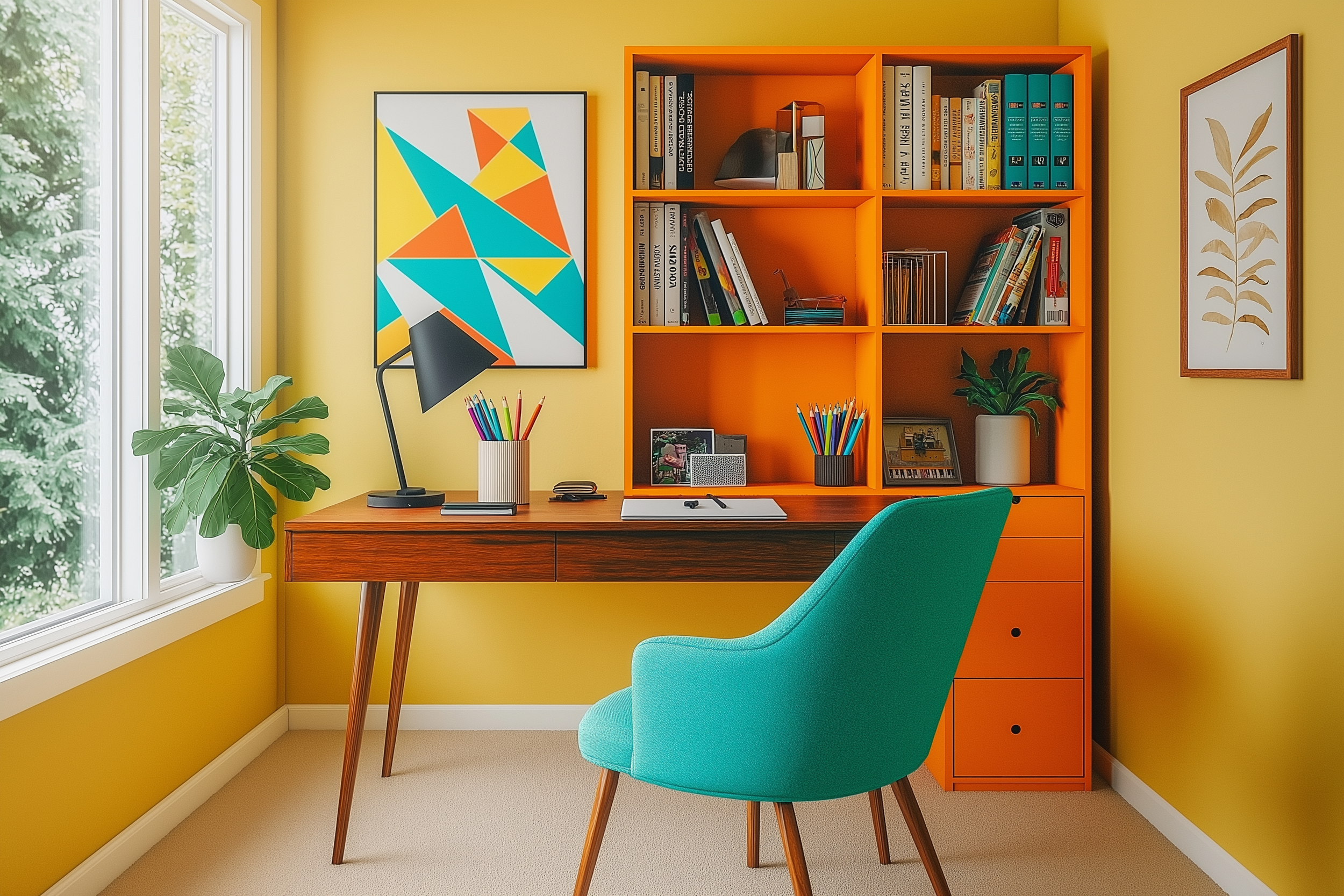 Midcentury modern home office with yellow walls, colorful bookshelf, teal chair, and midcentury modern desk.
