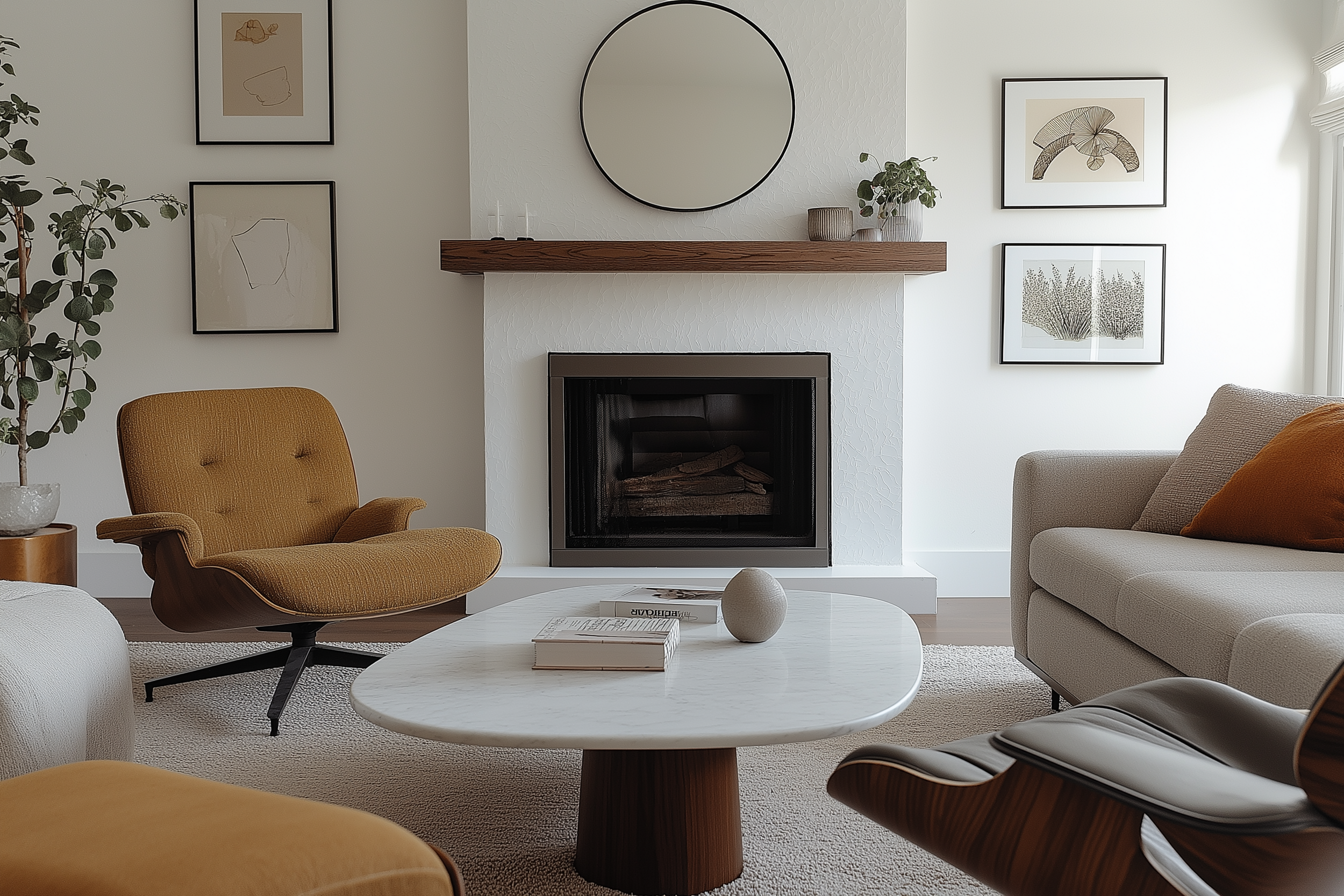 Midcentury modern living room with an Eames lounge chair, fireplace, and minimalist decor.