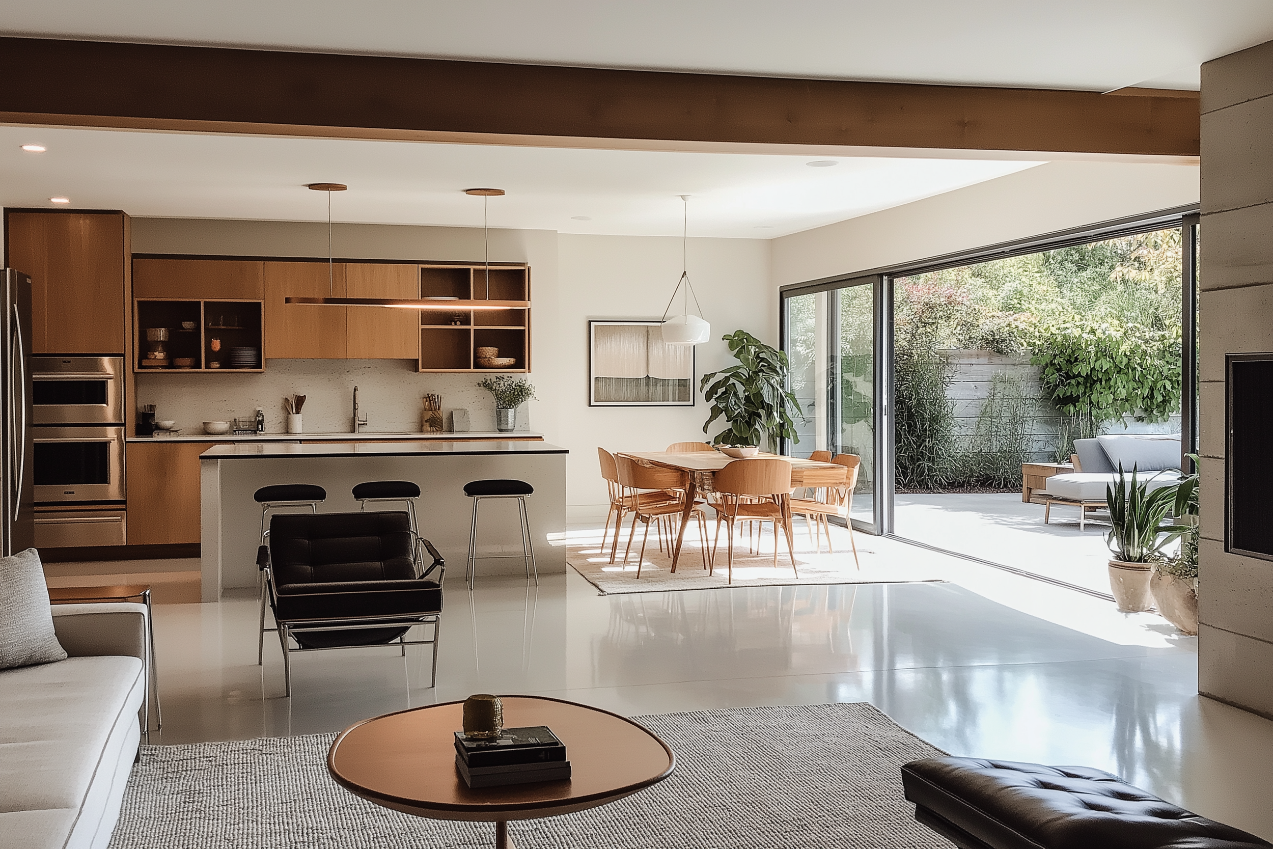 Modern midcentury open-concept kitchen and living room with sleek furniture and stylish decor.