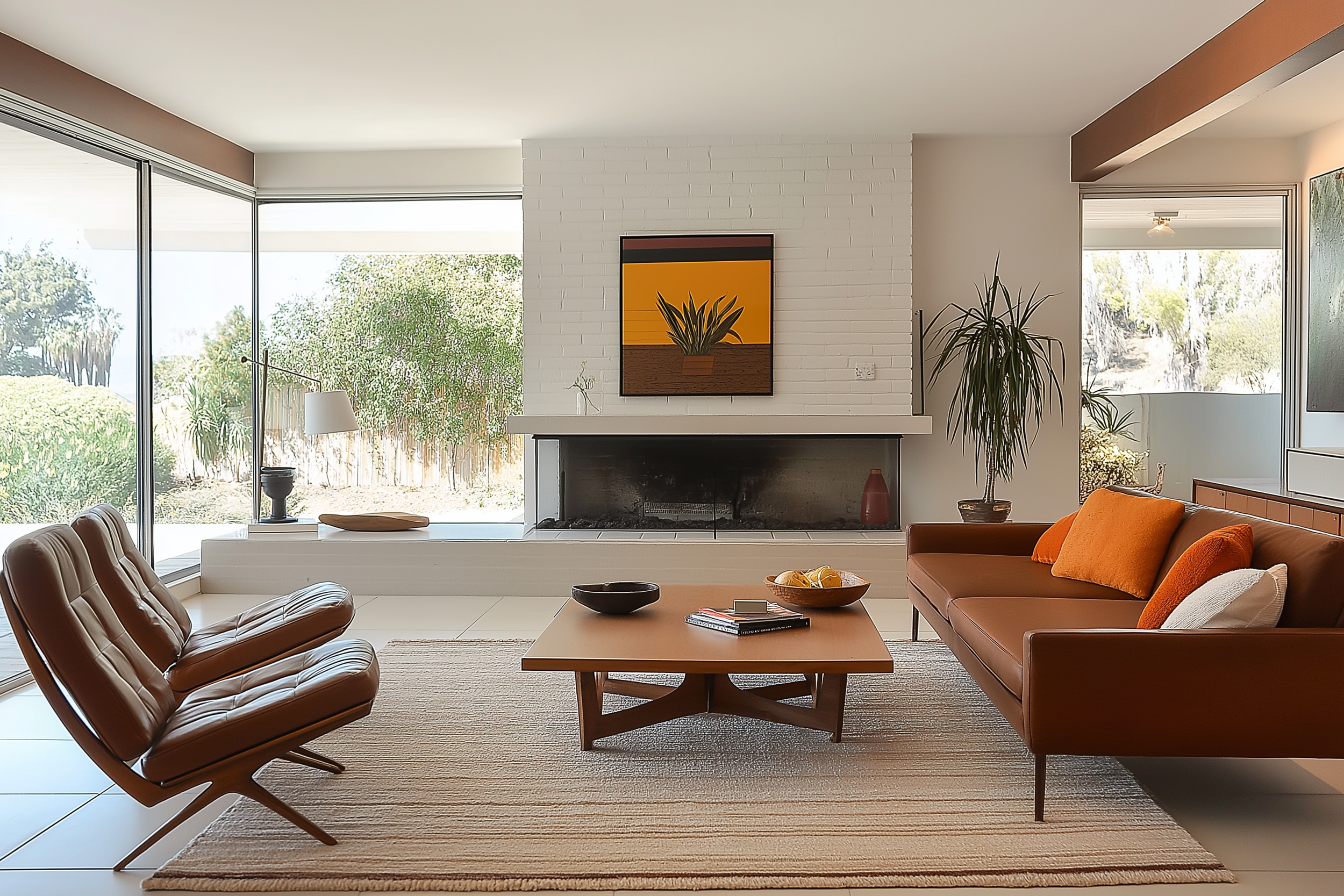 Midcentury modern interior with a statement fireplace, wooden decor, and a warm, inviting living room.