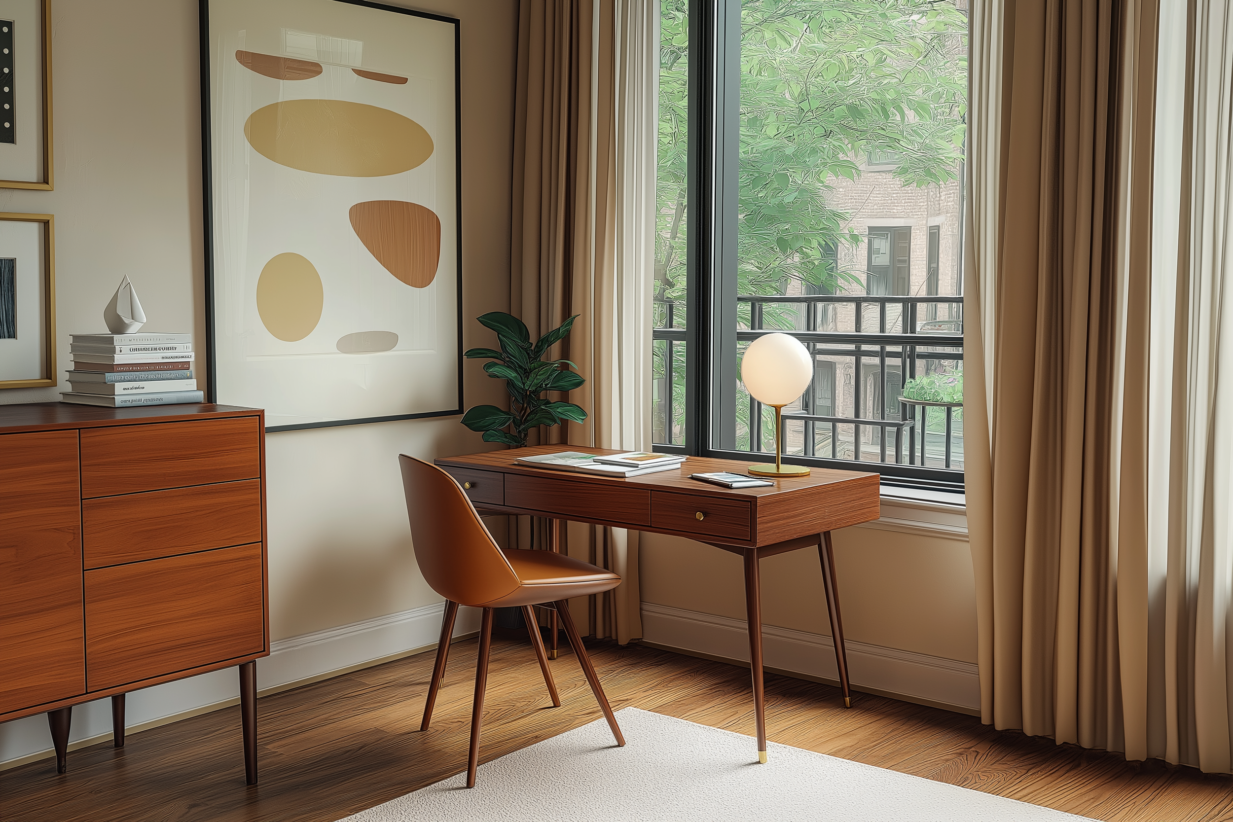 Midcentury modern home office with stylish desk, leather chair, and modern lighting, featuring a beautiful balcony view.