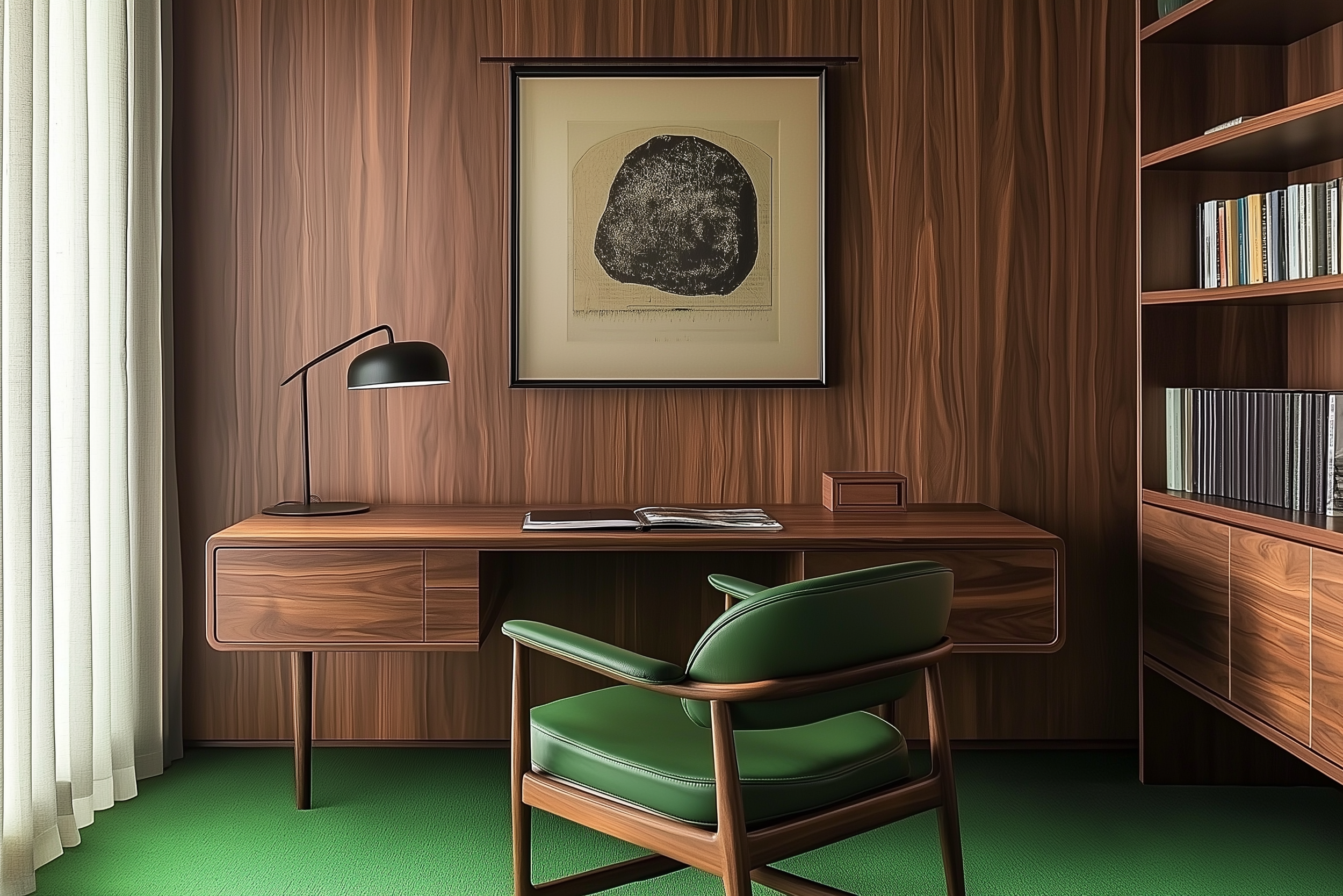 Midcentury modern home office with a sleek wooden desk, green leather chair, and minimalist decor, featuring wood-panelled walls and a black desk lamp.