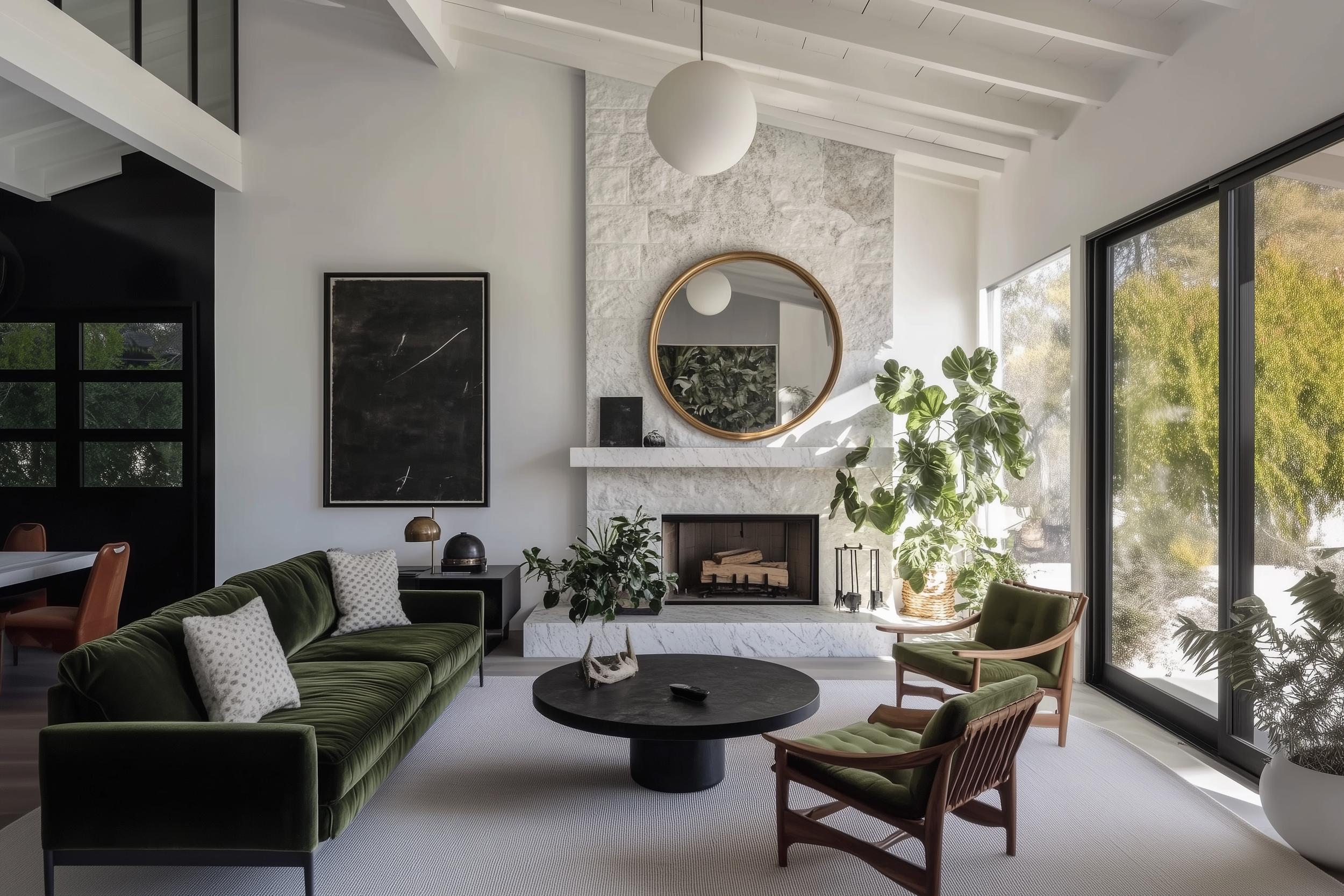 Midcentury modern living room featuring a green velvet sofa, sleek black coffee table, fireplace with modern design, and minimalist decor elements.