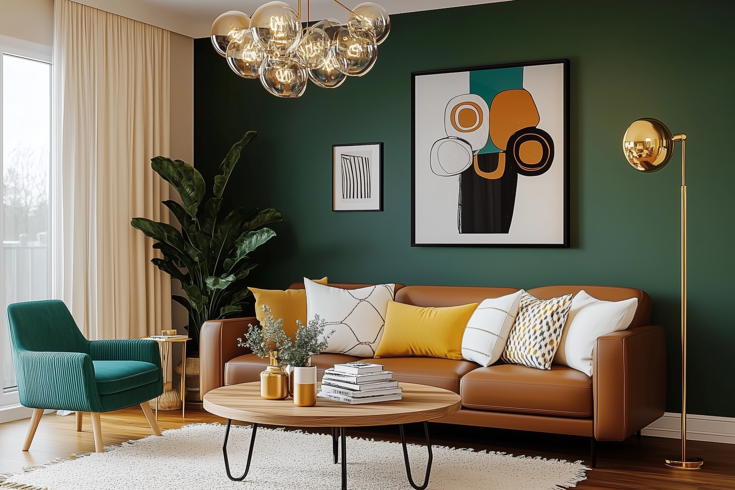 Midcentury modern living room with tan leather sofa, green accent wall, modern art, and gold floor lamp, creating a stylish, relaxed atmosphere.