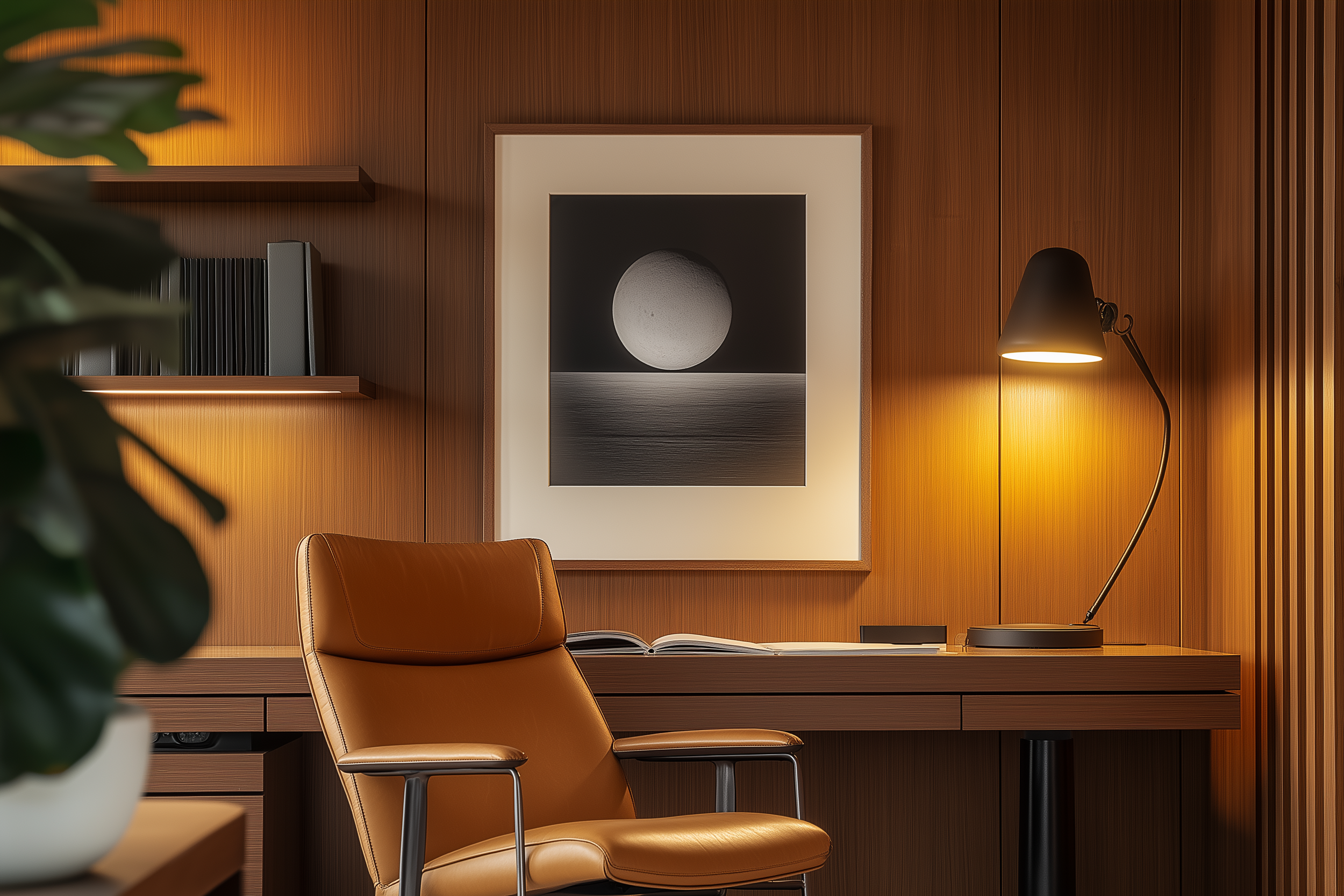 Midcentury modern home office with walnut paneling, tan leather chair, desk lamp, and abstract artwork, creating a stylish, functional workspace.