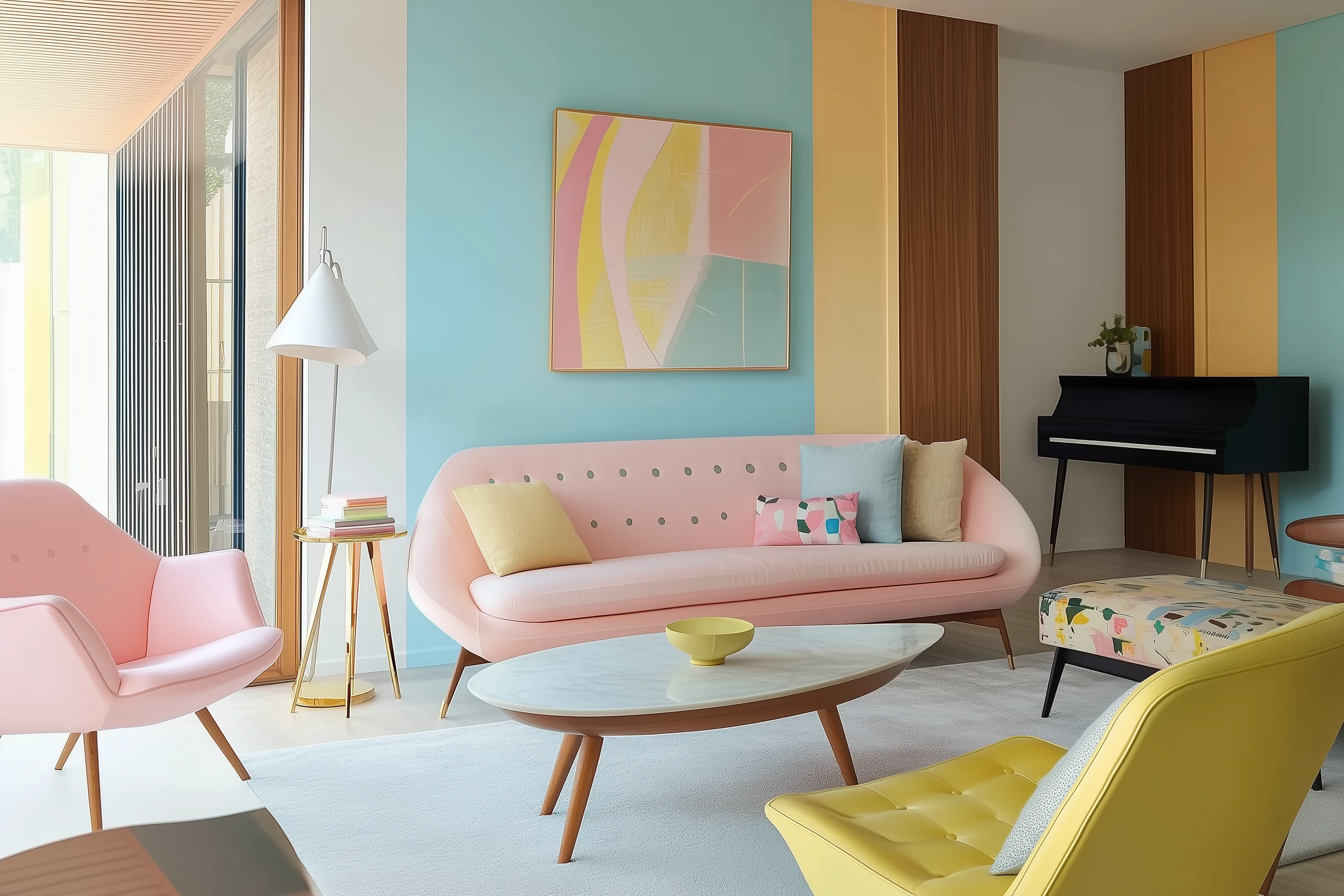 Midcentury modern living room with pastel-colored walls, pink sofa, yellow chair, and abstract artwork, showcasing a playful and stylish design.