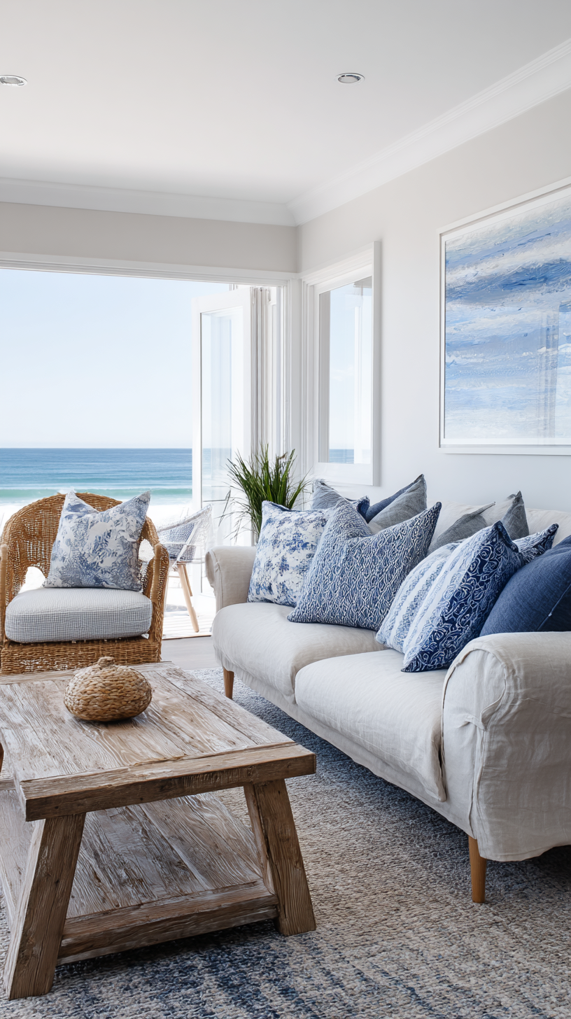 modern coastal chic living room with weathered furniture linen sofa sisal rug and blue oceanic prints