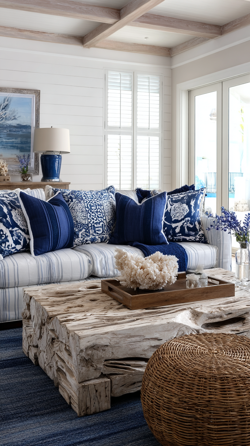 coastal chic interior design living room with driftwood table rattan ottoman blue sofa whitewashed walls navy accents