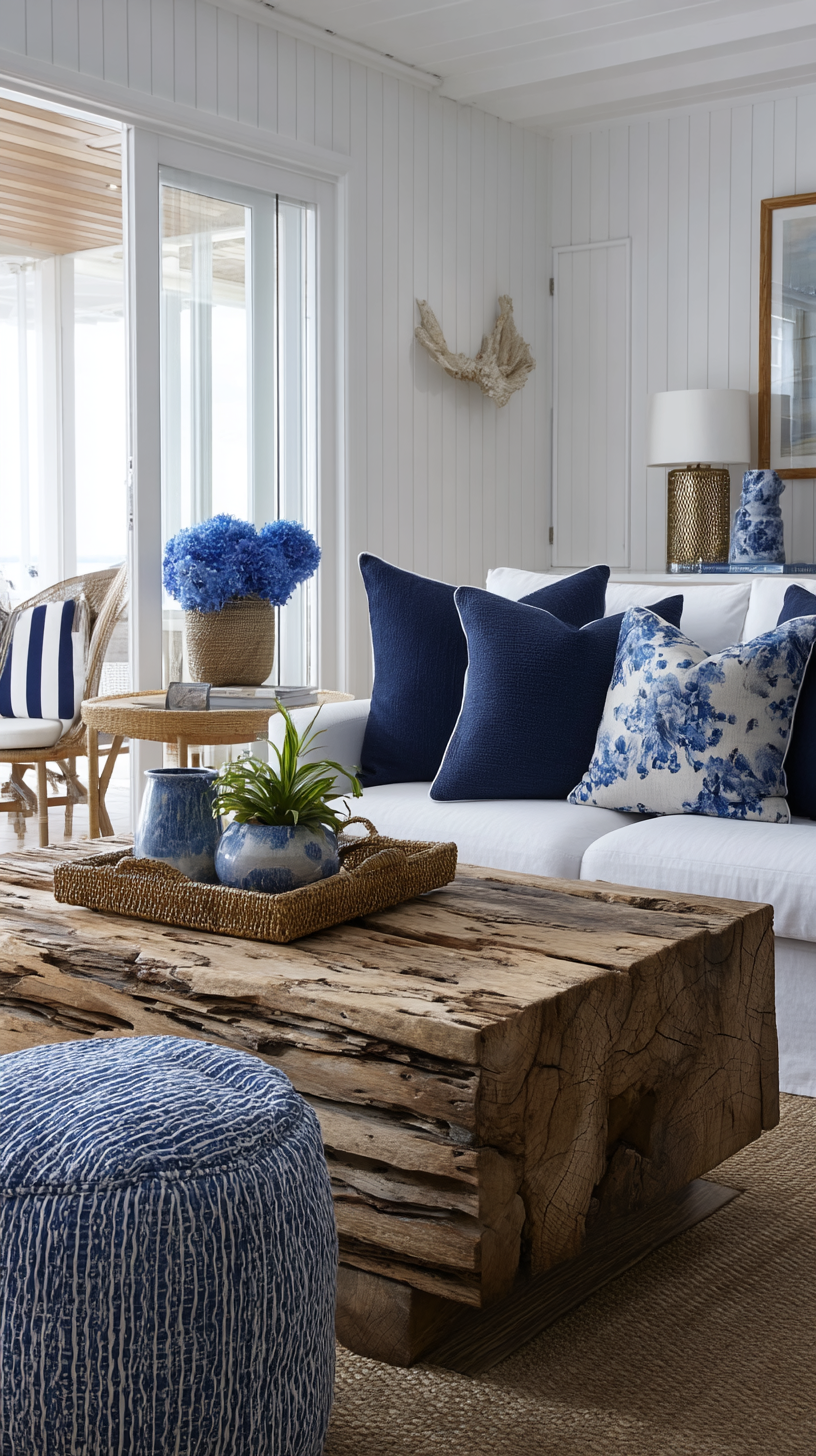 coastal chic interior design living room with driftwood table rattan ottoman white sofa whitewashed walls navy accents